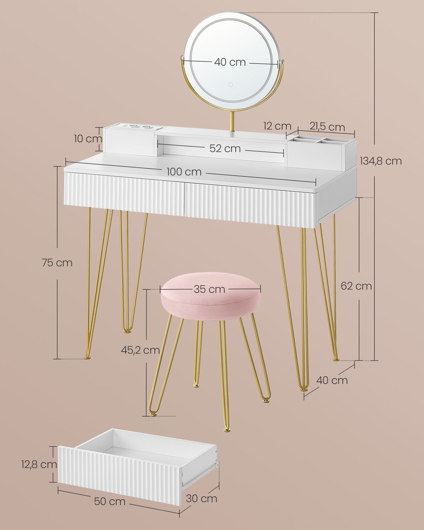 Tocador con Taburete e Iluminación 40 x 100 x 134,8 cm Blanco Mate y Dorado Pálido-VASAGLE