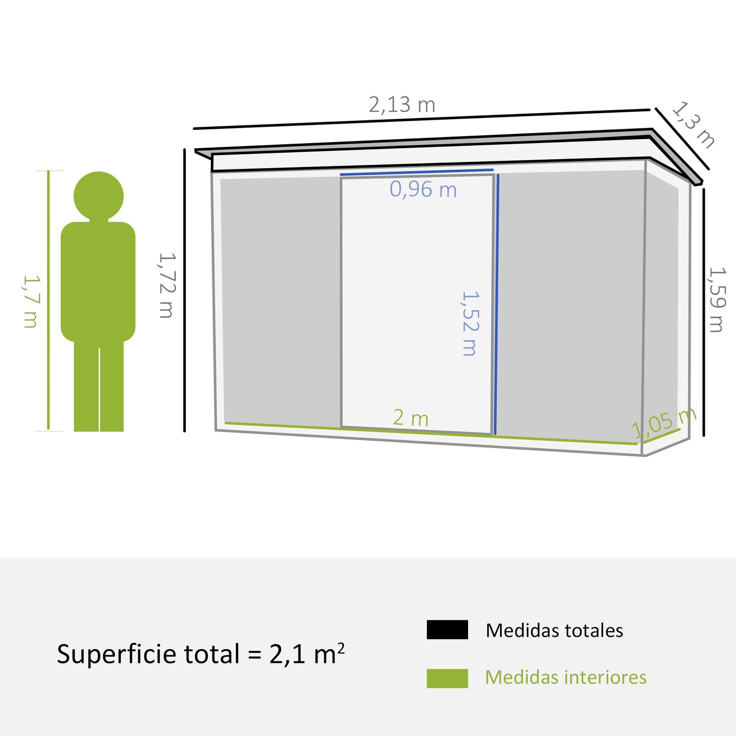 Outsunny Cobertizo de Jardín 213x130x172 cm Base de 2,42 m² Caseta de Exterior Metálica para Almacenamiento de Herramientas con 2 Puertas Correderas y 2 Ventanas Verde