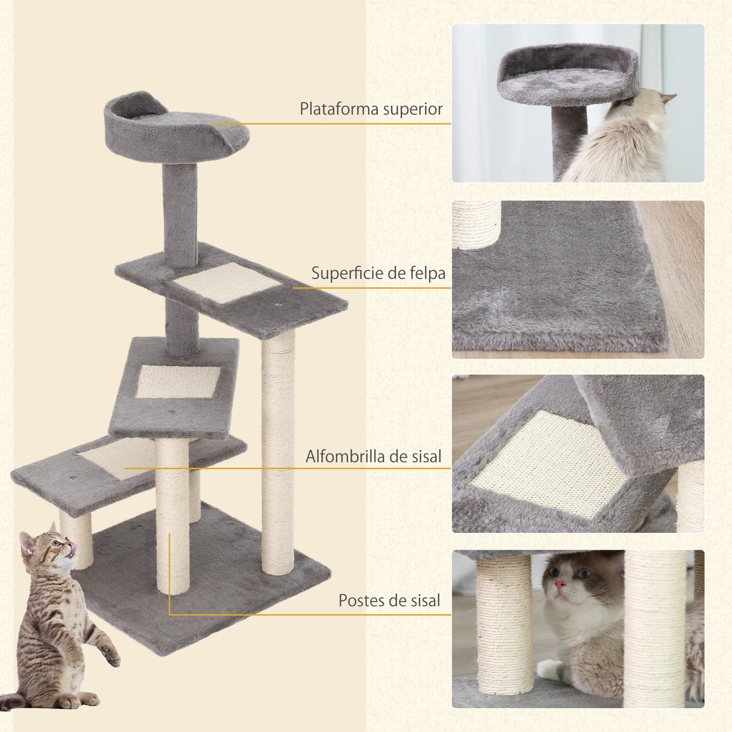 PawHut Árbol Rascador para Gatos 48,5x48,5x100 cm Centro de Actividad 3 Plataformas para Arañar Tablero Aglomerado Cubierta de Felpa Sisal Gris y Beige