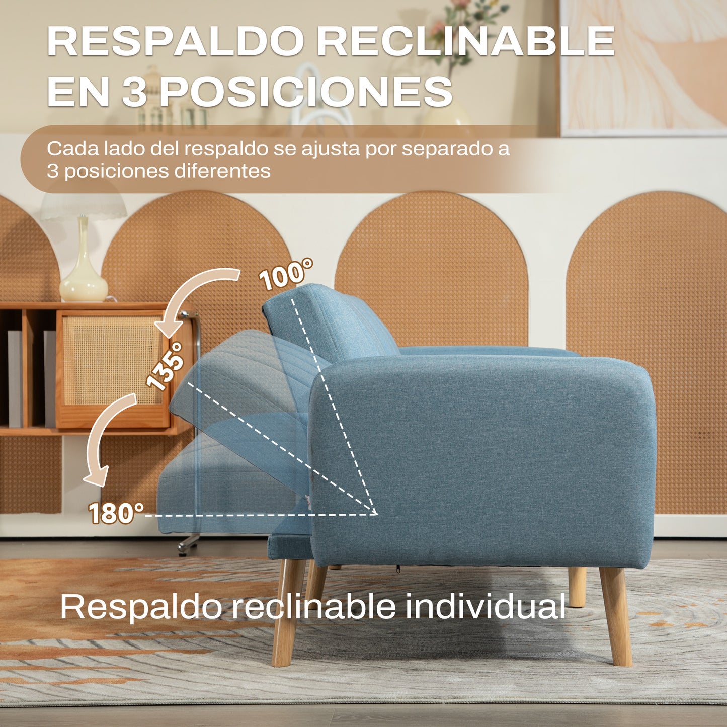 HOMCOM Sofá Cama de 2 Plazas Moderno Sofá Cama Plegable Tapizado en Lino Sintético con Respaldo Ajustable en 3 Niveles y Reposabrazos Desmontables para Salón Oficina 173x75x73 cm Azul Claro