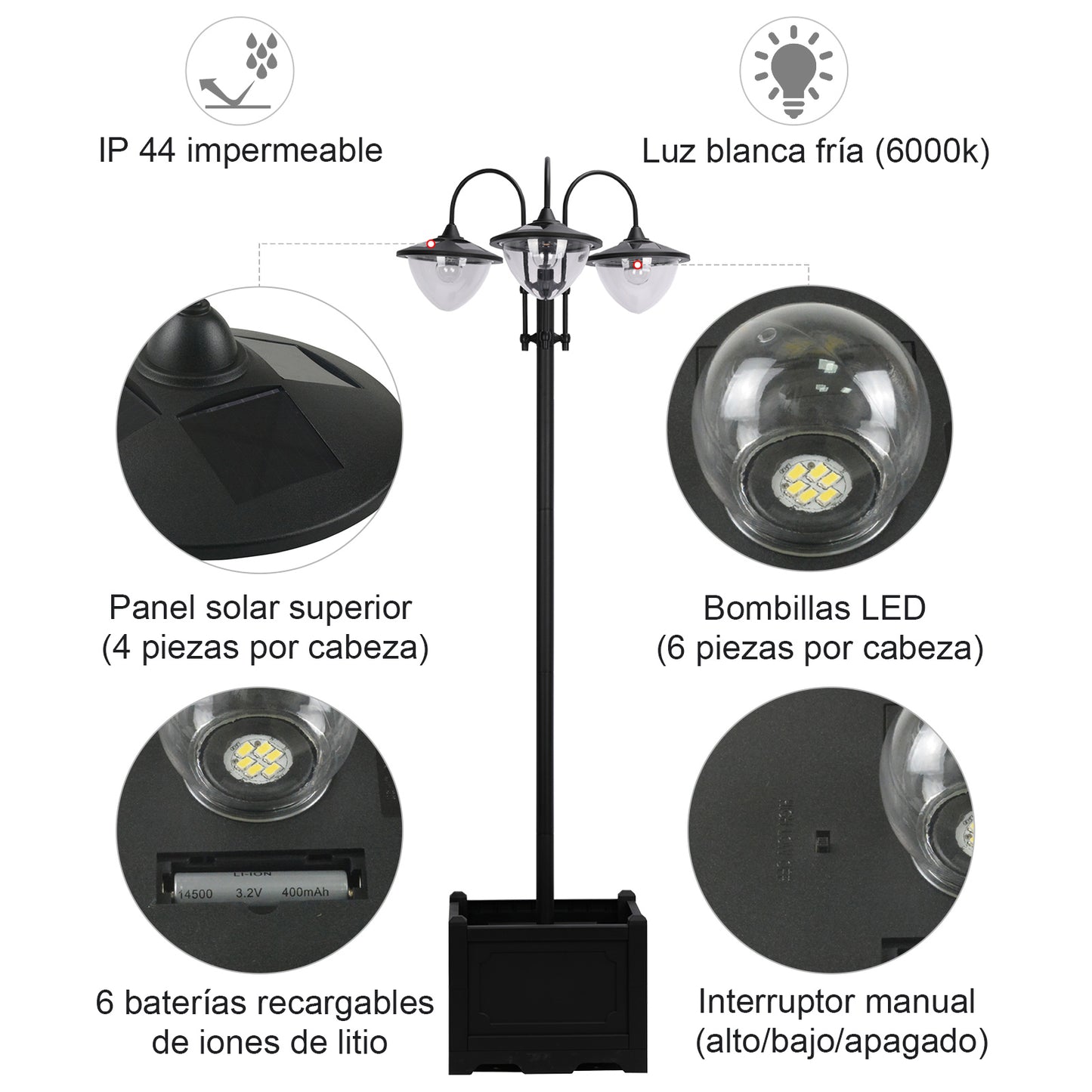 Outsunny Farol Solar de Jardín con 18 Luces LED Blanca Fría 6000K Impermeable IP44 Sensor de Noche y Base de Maceta Farola de Exterior para Camino Terraza Patio 60x55x189 cm Negro