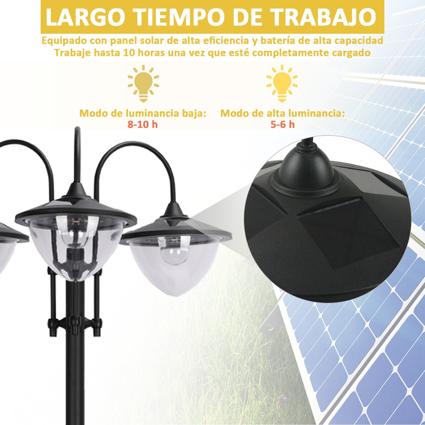 Outsunny Farol Solar de Jardín con 18 Luces LED Blanca Fría 6000K Impermeable IP44 Sensor de Noche y Base de Maceta Farola de Exterior para Camino Terraza Patio 60x55x189 cm Negro