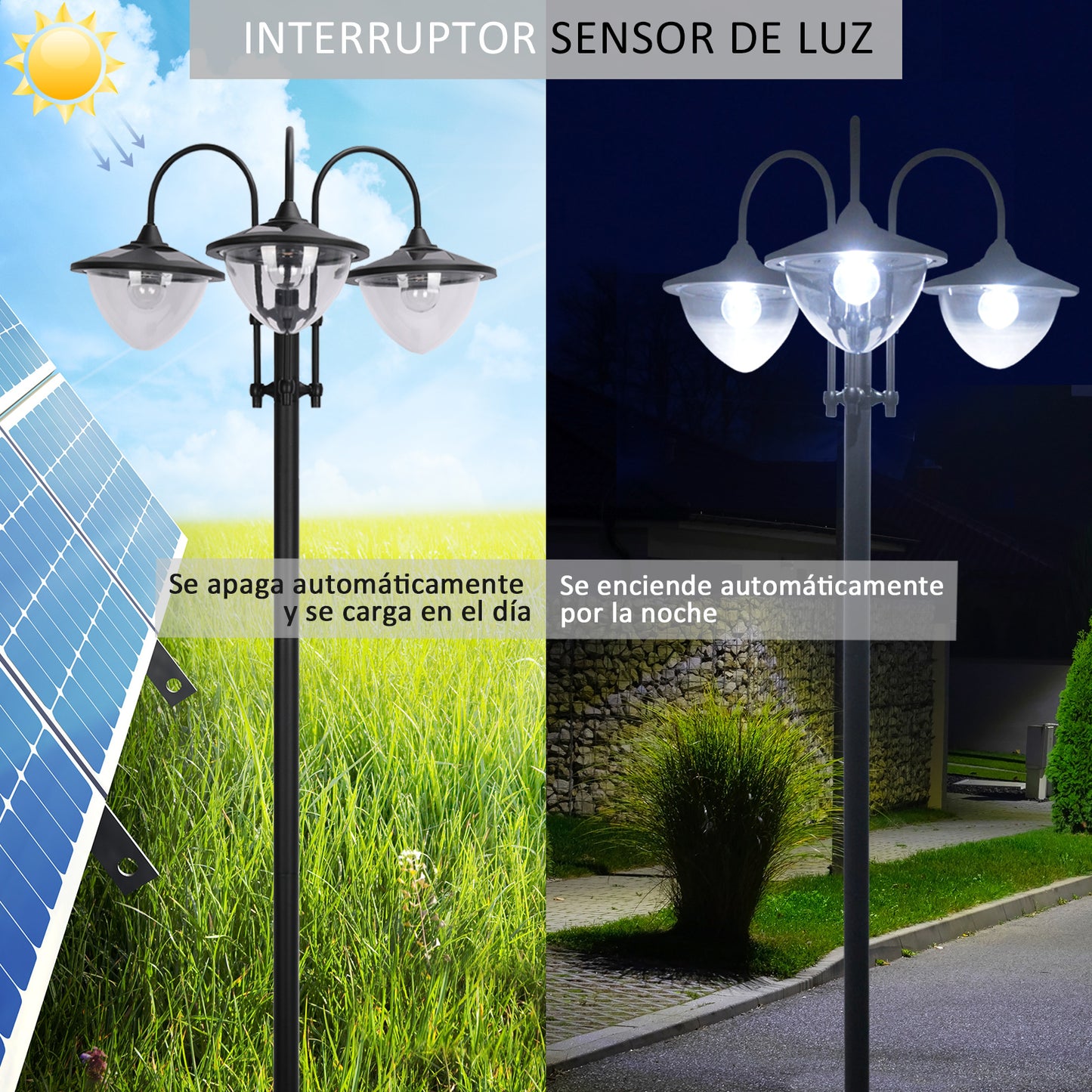 Outsunny Farol Solar de Jardín con 18 Luces LED Blanca Fría 6000K Impermeable IP44 Sensor de Noche y Base de Maceta Farola de Exterior para Camino Terraza Patio 60x55x189 cm Negro