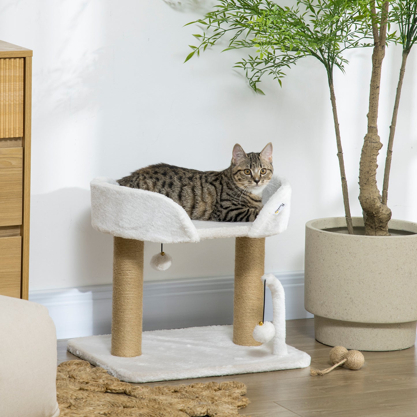 PawHut Árbol Rascador para Gatos Pequeños Altura 42 cm Árbol para Gatos con Nido Bolas Colgantes y Postes de Sisal 48x38x42 cm Blanco