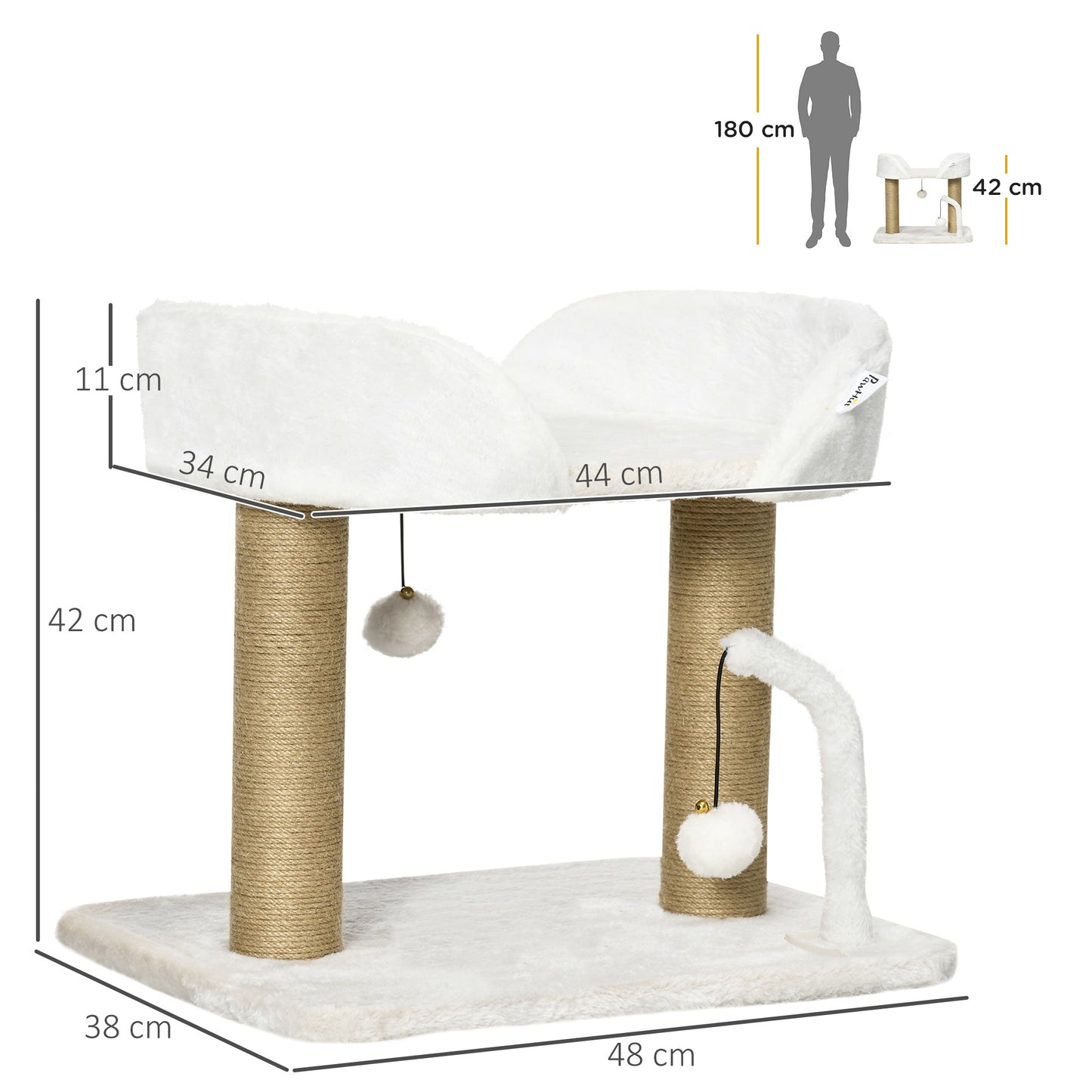 PawHut Árbol Rascador para Gatos Pequeños Altura 42 cm Árbol para Gatos con Nido Bolas Colgantes y Postes de Sisal 48x38x42 cm Blanco