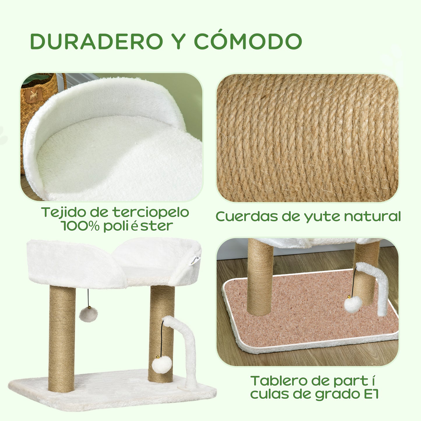 PawHut Árbol Rascador para Gatos Pequeños Altura 42 cm Árbol para Gatos con Nido Bolas Colgantes y Postes de Sisal 48x38x42 cm Blanco