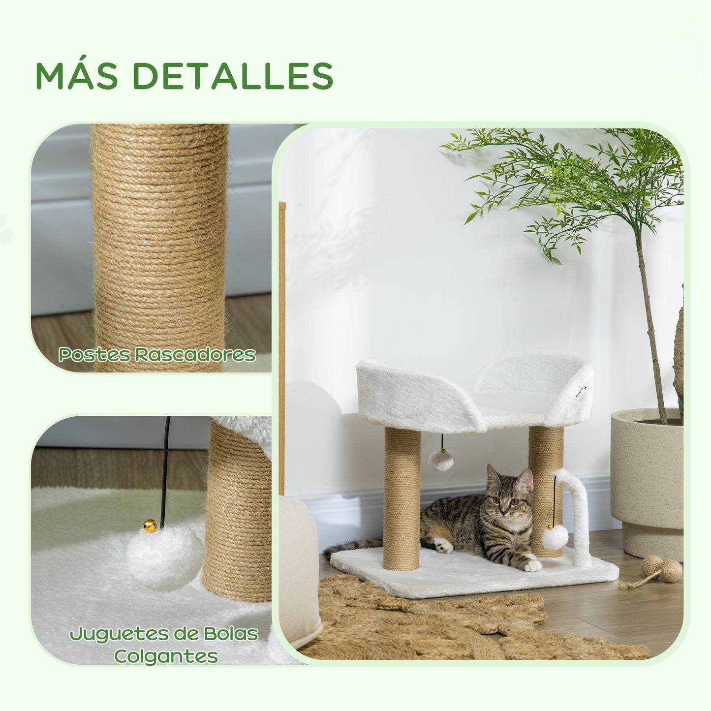 PawHut Árbol Rascador para Gatos Pequeños Altura 42 cm Árbol para Gatos con Nido Bolas Colgantes y Postes de Sisal 48x38x42 cm Blanco