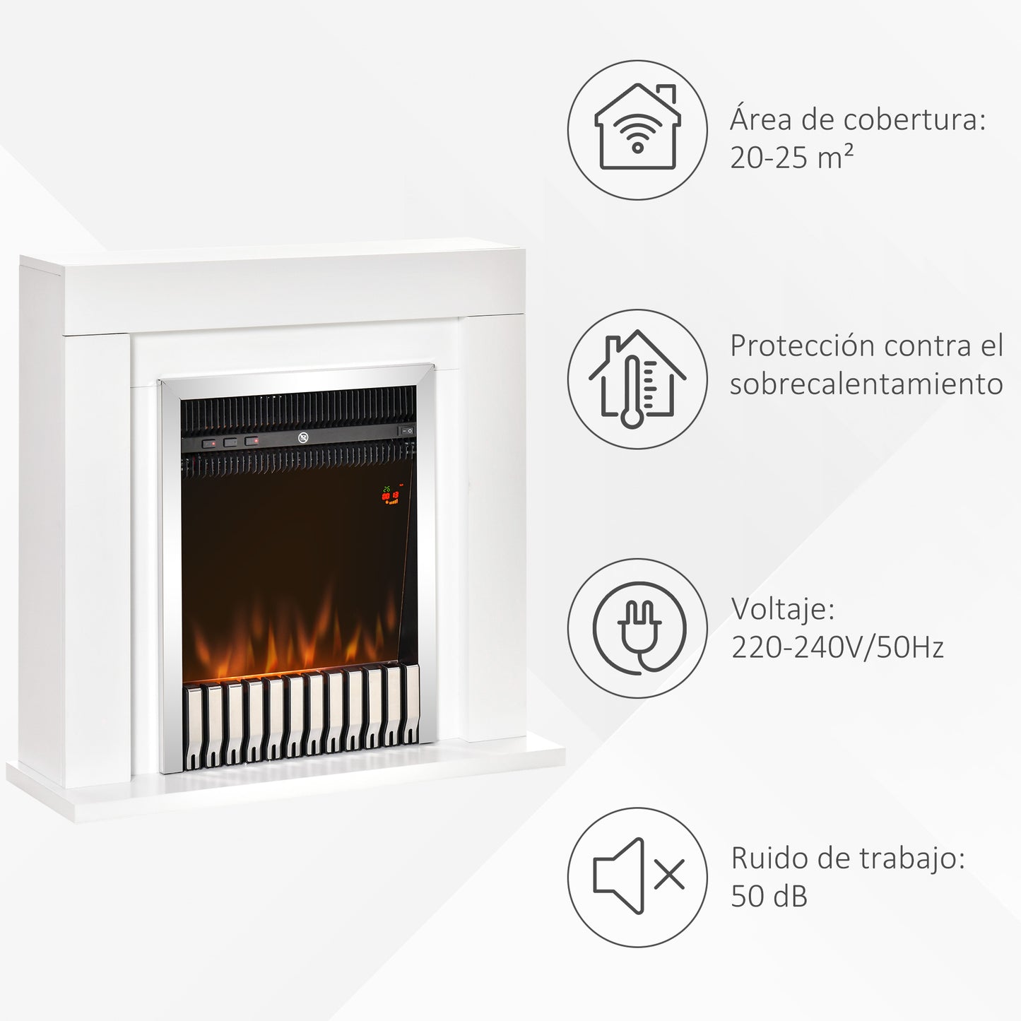 HOMCOM Chimenea Eléctrica 1000/2000W Chimenea Decorativa con Marco Llama Termostato Mando a Distancia Temporizador y Protección Sobrecalentamiento para 20-25 m² Blanco