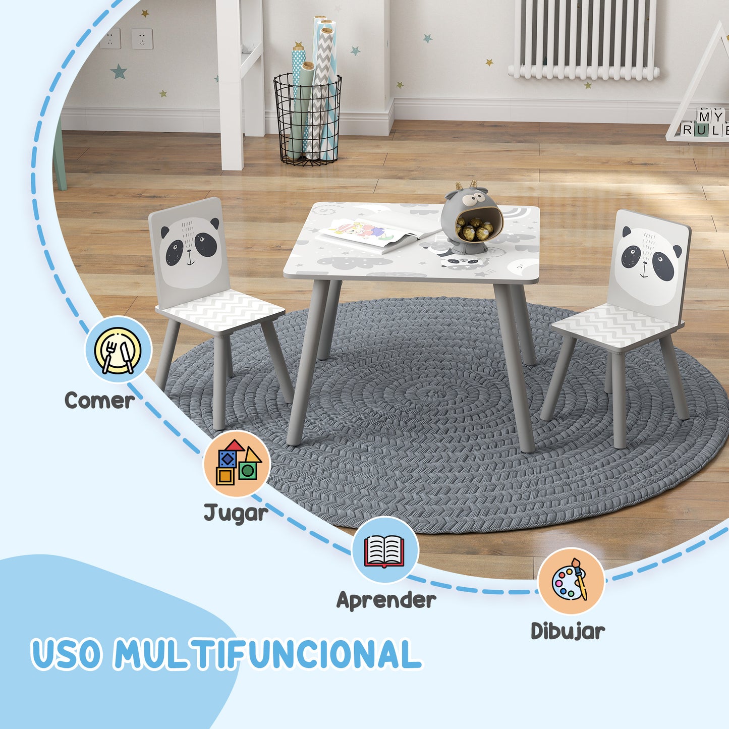 ZONEKIZ Mesa y Sillas Infantiles de 3 Piezas Mesa Infantil con 2 Sillas Juego de Muebles para Actividades para Niños de 3-8 Años para Dormitorio Sala de Juegos Gris y Blanco