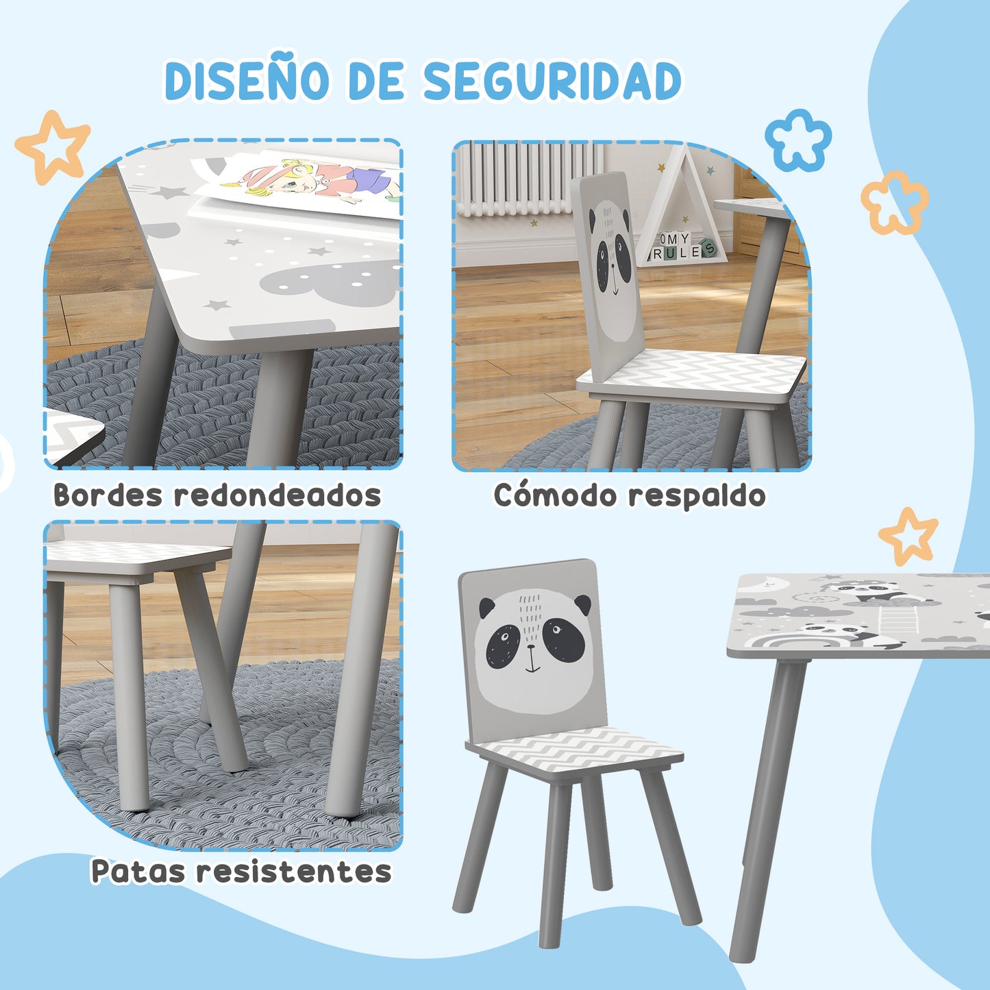 ZONEKIZ Mesa y Sillas Infantiles de 3 Piezas Mesa Infantil con 2 Sillas Juego de Muebles para Actividades para Niños de 3-8 Años para Dormitorio Sala de Juegos Gris y Blanco