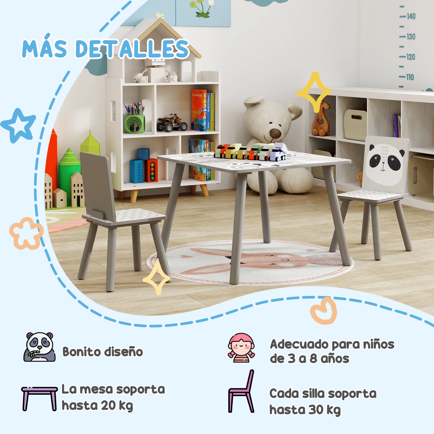 ZONEKIZ Mesa y Sillas Infantiles de 3 Piezas Mesa Infantil con 2 Sillas Juego de Muebles para Actividades para Niños de 3-8 Años para Dormitorio Sala de Juegos Gris y Blanco