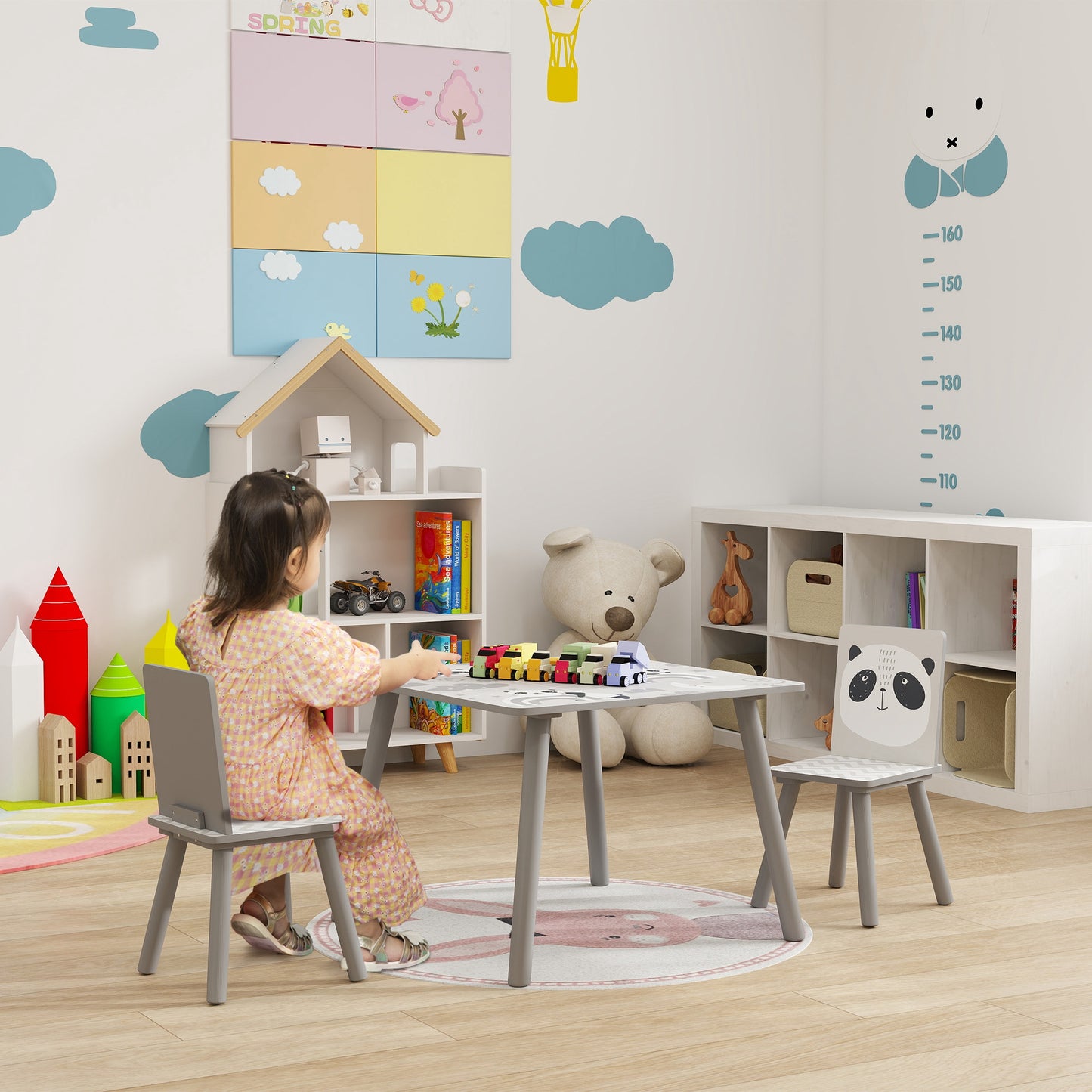 ZONEKIZ Mesa y Sillas Infantiles de 3 Piezas Mesa Infantil con 2 Sillas Juego de Muebles para Actividades para Niños de 3-8 Años para Dormitorio Sala de Juegos Gris y Blanco