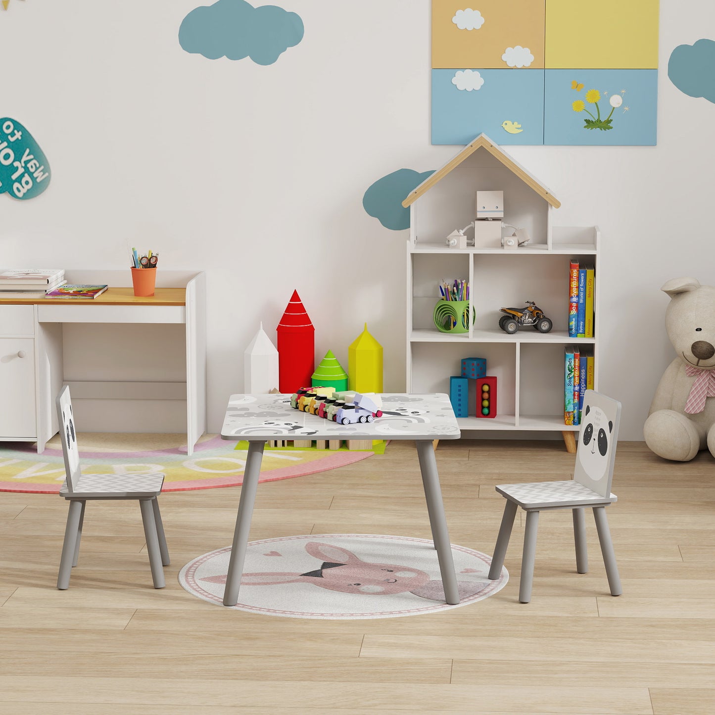 ZONEKIZ Mesa y Sillas Infantiles de 3 Piezas Mesa Infantil con 2 Sillas Juego de Muebles para Actividades para Niños de 3-8 Años para Dormitorio Sala de Juegos Gris y Blanco