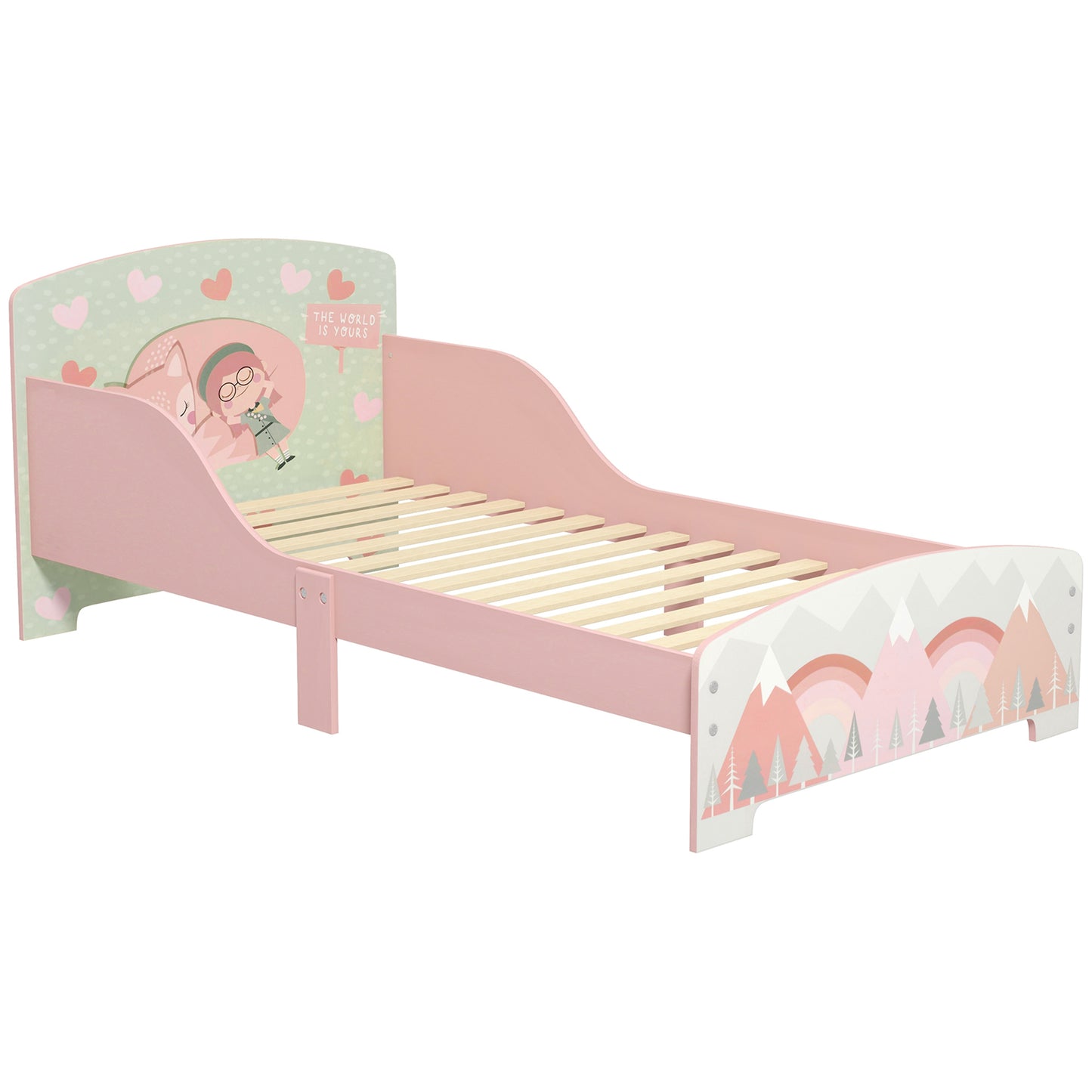 ZONEKIZ Cama Infantil de Madera 143x77x60 cm Cama para Niños de 3-6 Años con Barreras de Protección y Estampados Carga Máx. 40 kg Mueble de Dormitorio Moderno Rosa