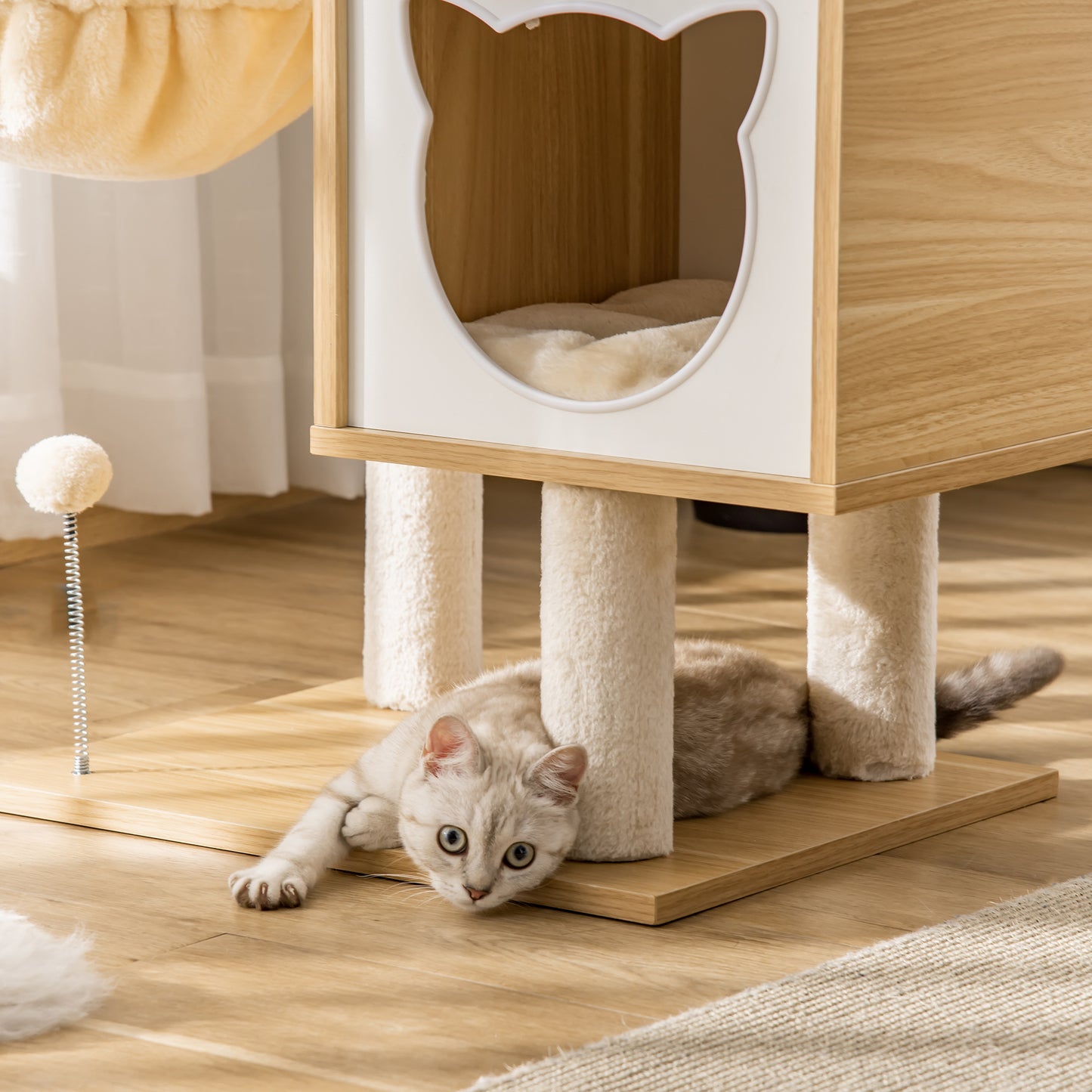 PawHut Árbol Rascador para Gatos con Plataforma Altura 126 cm Torre Escalador para Gatos con Hamaca Caseta Cama Postes de Sisal y Bolas para Jugar 48x40x126 cm Beige