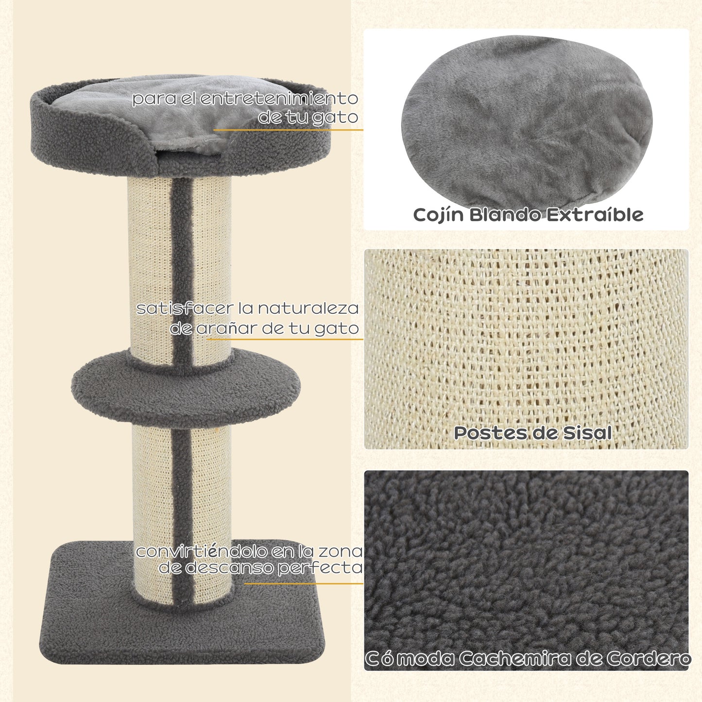 PawHut Árbol Rascador para Gatos Altura 91 cm Árbol para Gatos Torre para Gatos de 3 Niveles con Nido Plataforma y Poste de Sisal 45x45x91 cm Gris