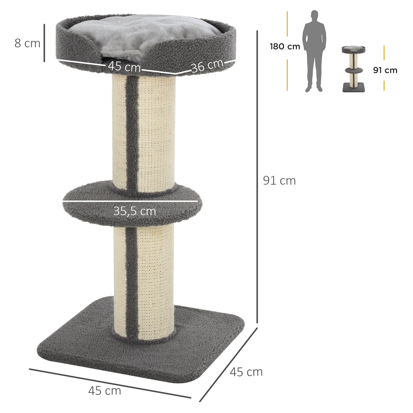 PawHut Árbol Rascador para Gatos Altura 91 cm Árbol para Gatos Torre para Gatos de 3 Niveles con Nido Plataforma y Poste de Sisal 45x45x91 cm Gris