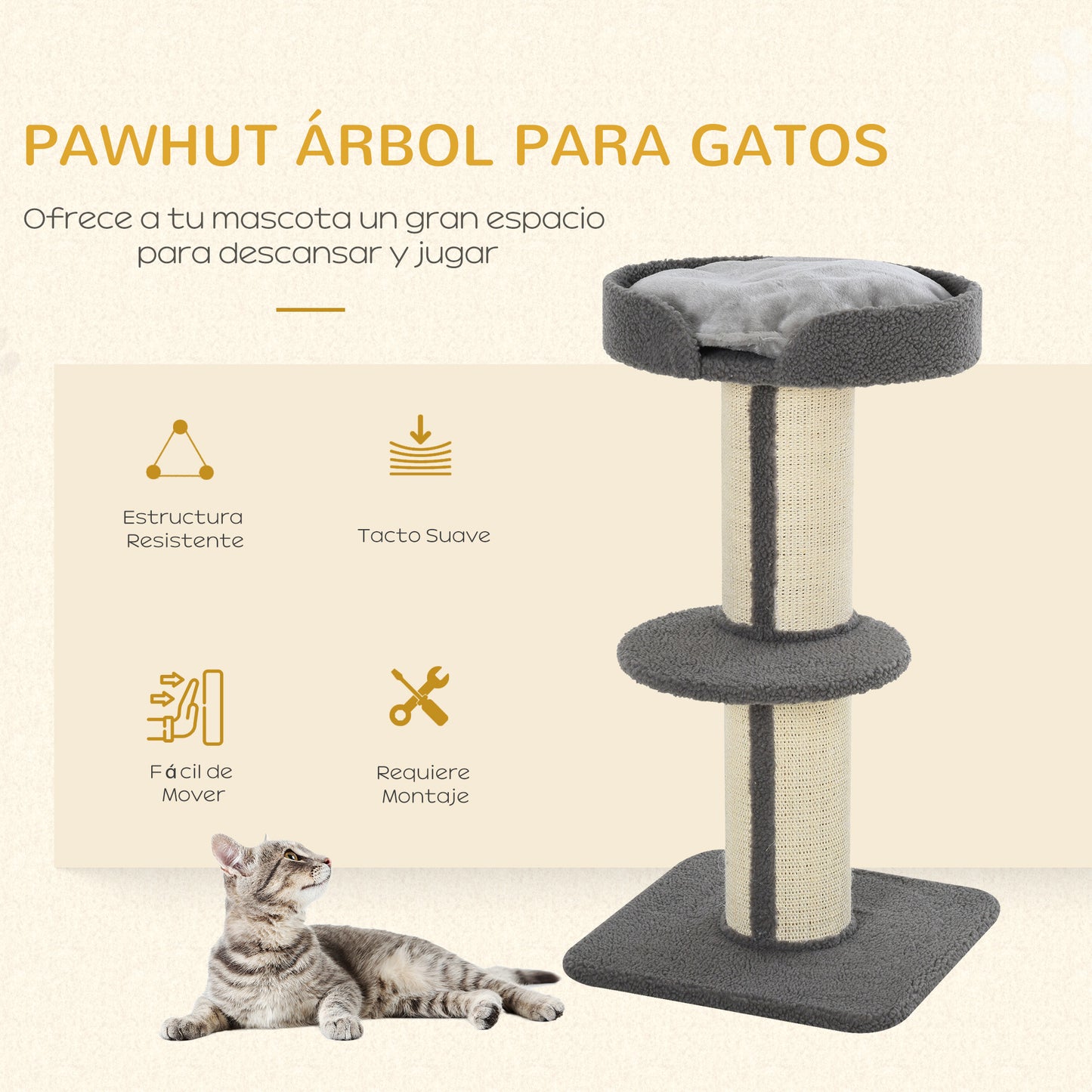 PawHut Árbol Rascador para Gatos Altura 91 cm Árbol para Gatos Torre para Gatos de 3 Niveles con Nido Plataforma y Poste de Sisal 45x45x91 cm Gris