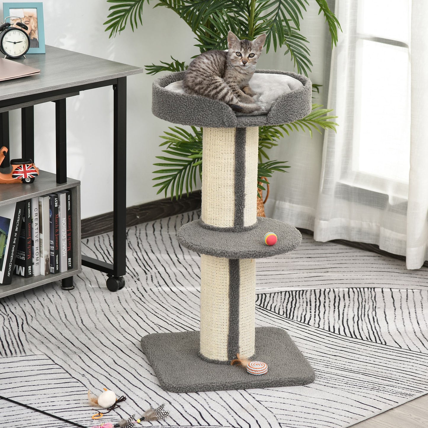 PawHut Árbol Rascador para Gatos Altura 91 cm Árbol para Gatos Torre para Gatos de 3 Niveles con Nido Plataforma y Poste de Sisal 45x45x91 cm Gris