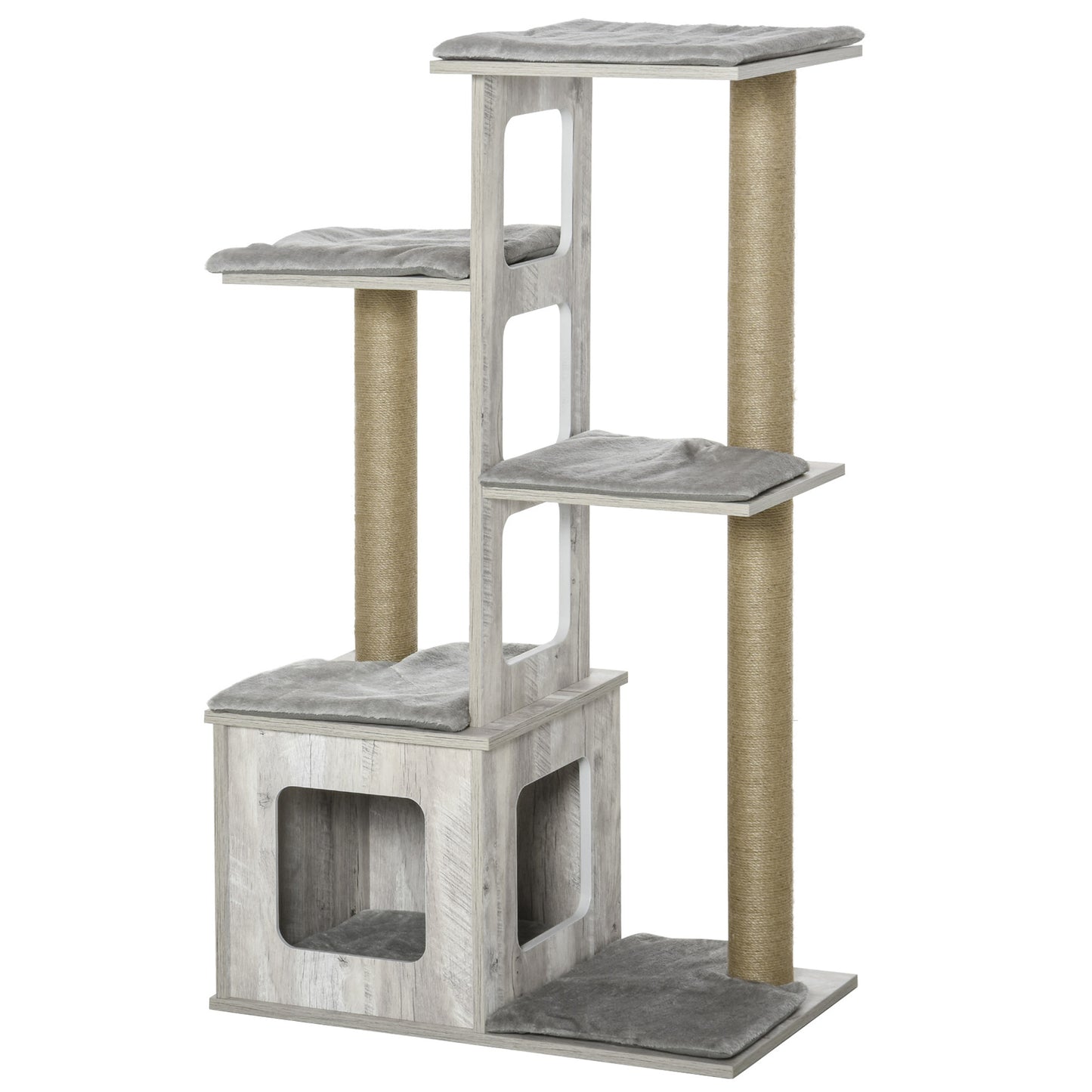 PawHut Árbol Rascador para Gatos 67x38,5x114 cm Torre de Escalada de Gatos con Cueva de Madera Múltiples Plataformas y Postes de Rascar de Yute Juego y Descanso Gris