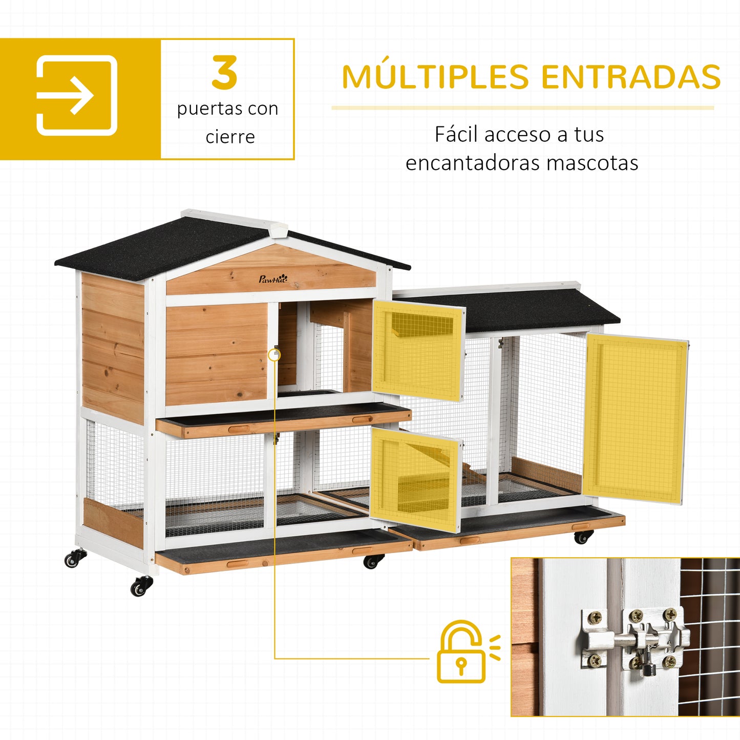 PawHut Conejera de Madera 157,4x53x99,5 cm Jaula para Conejos Grande con Ruedas Techo Asfáltico Bandeja Extraíble y Rampa para Exterior Natural