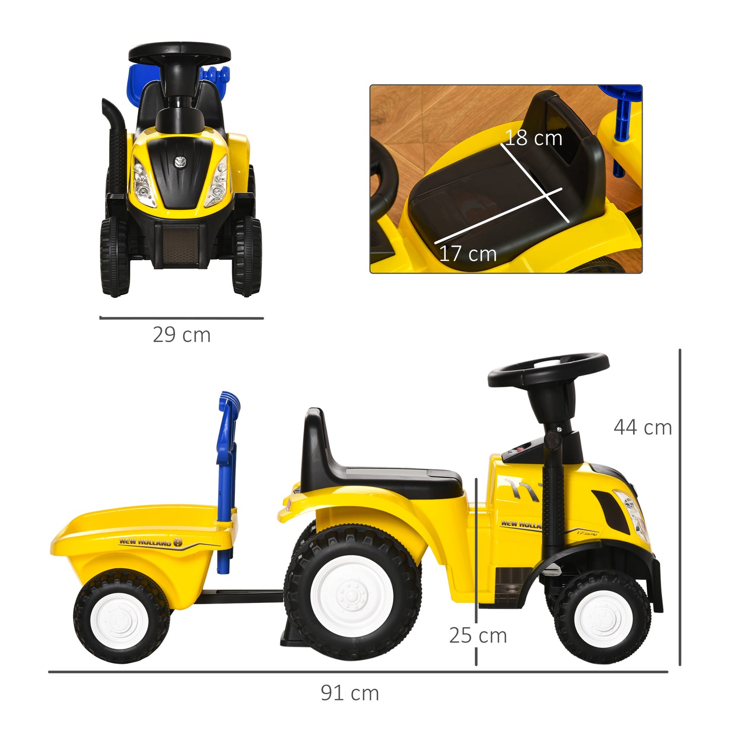 HOMCOM Tractor sin Pedales para Niños de 12-36 Meses con Remolque Extraíble Coche Correpasillos con Bocina Faros Pala Asiento de Suelo 25 cm y Rastrillo Carga 25 kg 91x29x44 cm Amarillo