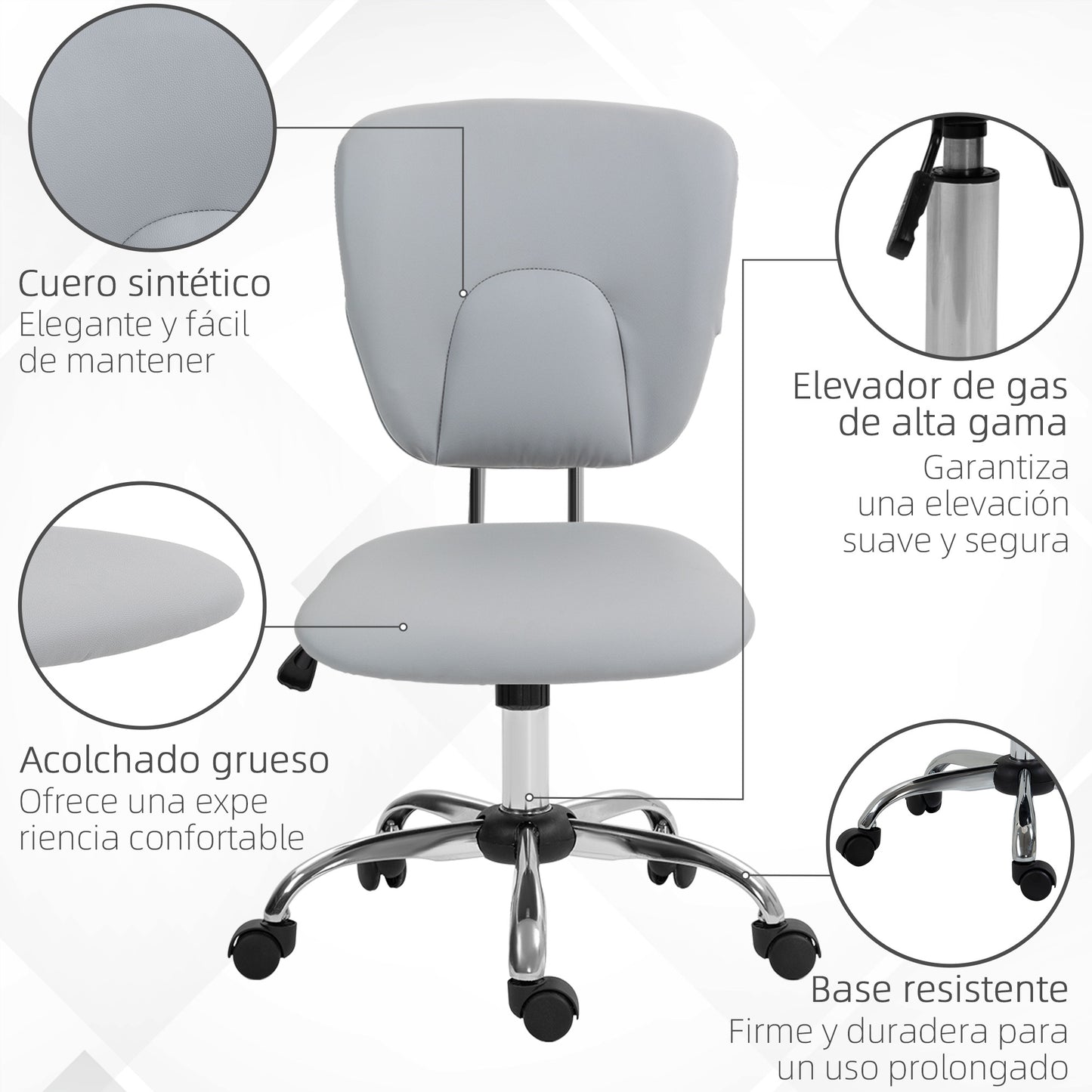 Vinsetto Silla de Oficina sin Reposabrazos Silla de Escritorio Juveniles con Altura Ajustable y Función de Inclinación Carga 120 kg 50x54x87,5-96,5 cm Gris Claro