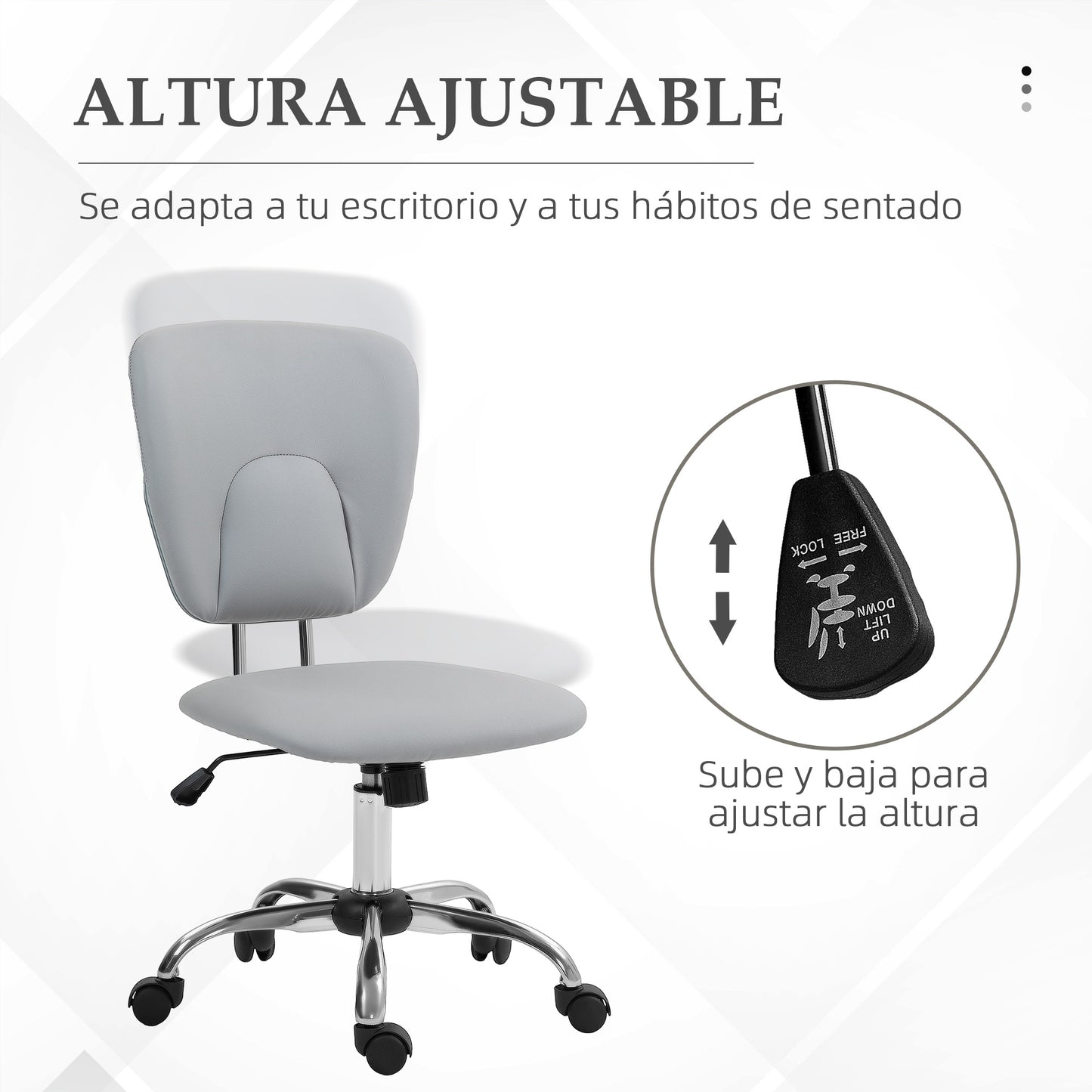 Vinsetto Silla de Oficina sin Reposabrazos Silla de Escritorio Juveniles con Altura Ajustable y Función de Inclinación Carga 120 kg 50x54x87,5-96,5 cm Gris Claro