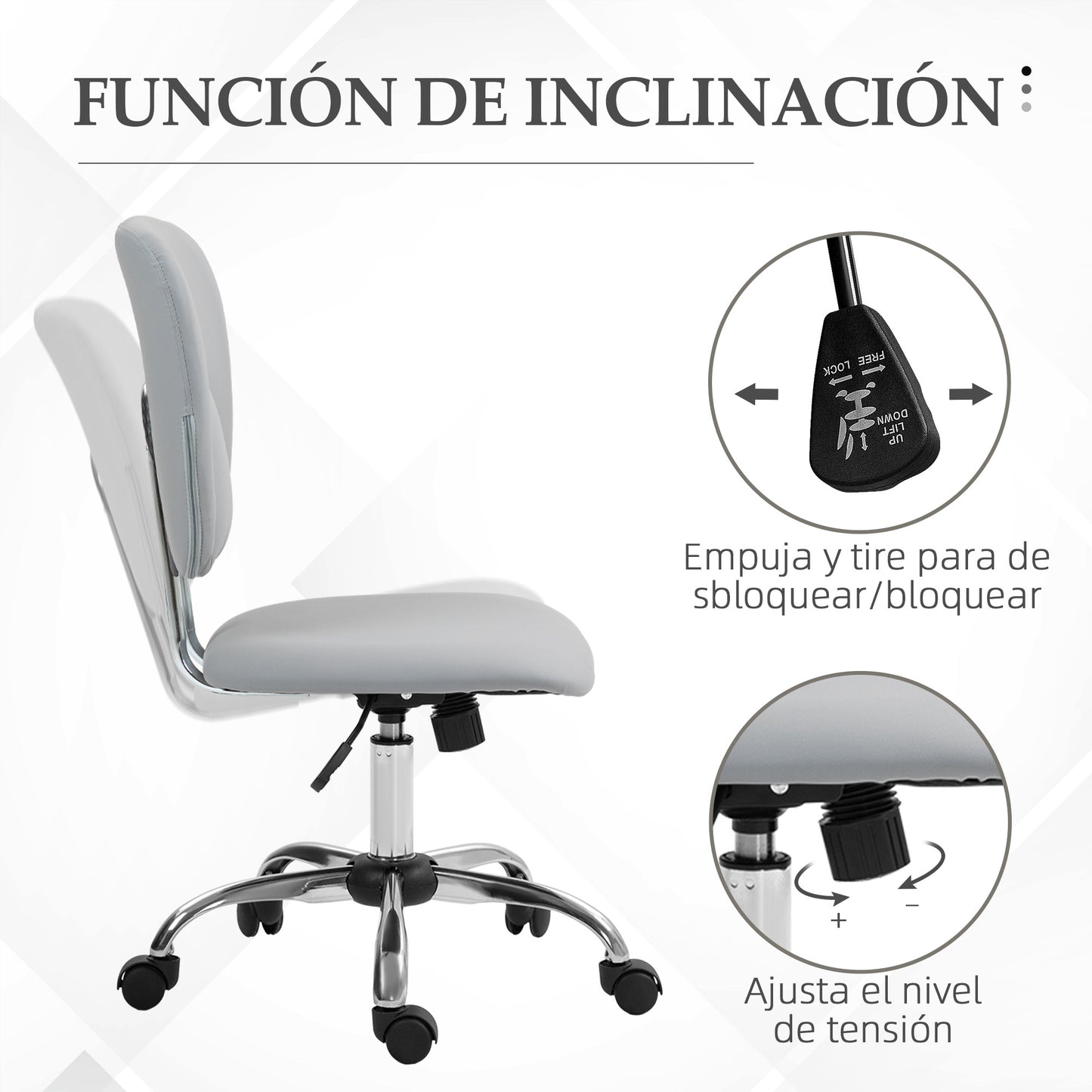 Vinsetto Silla de Oficina sin Reposabrazos Silla de Escritorio Juveniles con Altura Ajustable y Función de Inclinación Carga 120 kg 50x54x87,5-96,5 cm Gris Claro