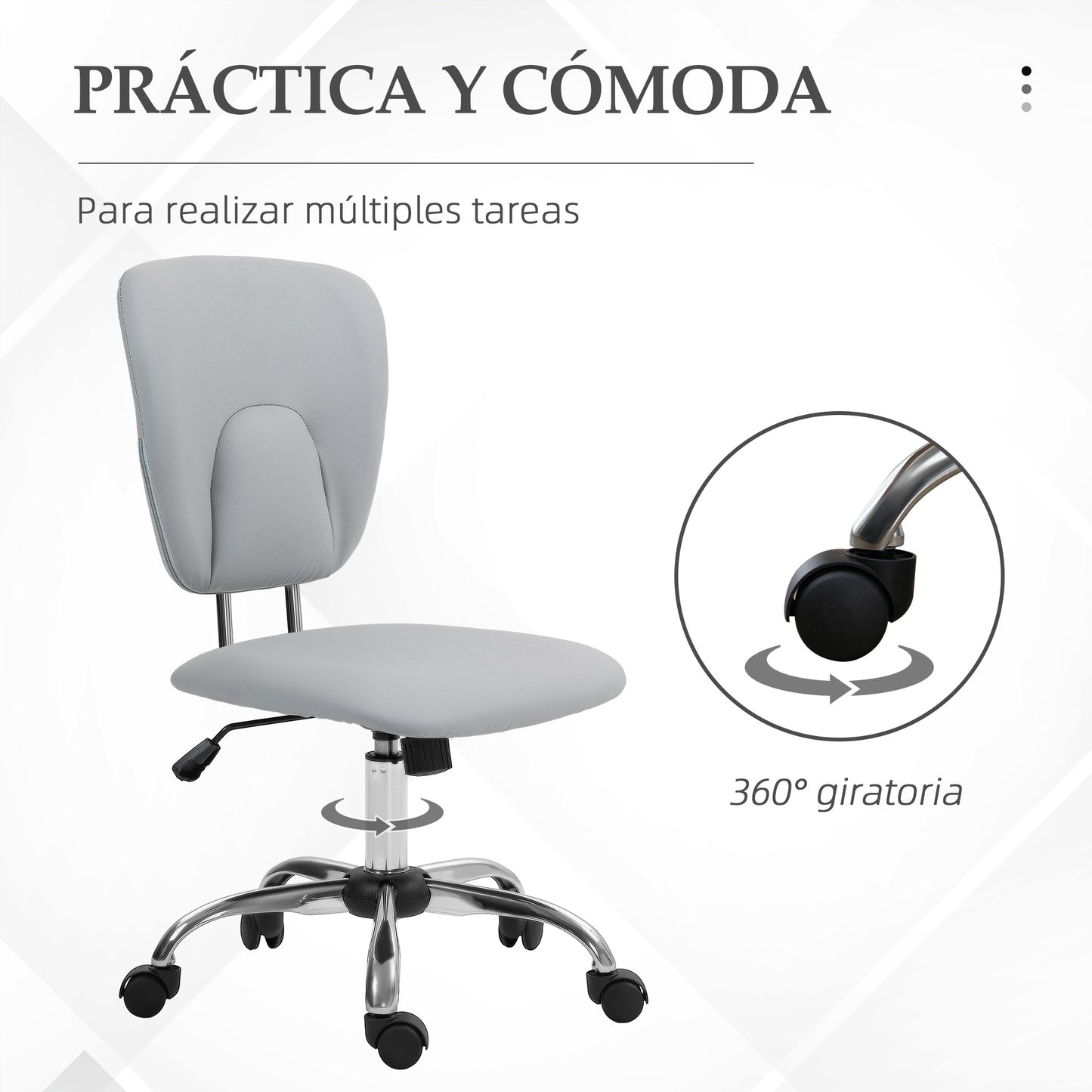 Vinsetto Silla de Oficina sin Reposabrazos Silla de Escritorio Juveniles con Altura Ajustable y Función de Inclinación Carga 120 kg 50x54x87,5-96,5 cm Gris Claro