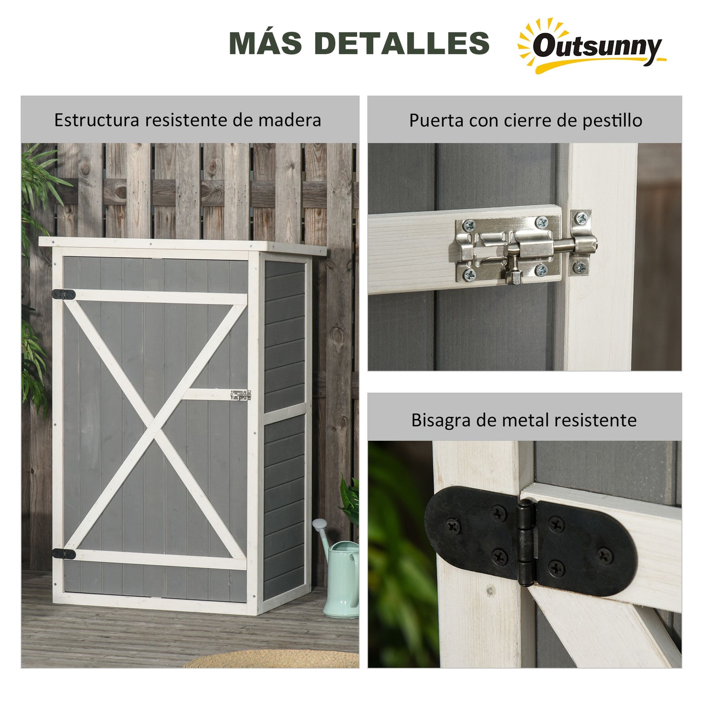 Outsunny Caseta de Jardín de Madera 75x56x115 cm Armario Cobertizo de Exterior para Herramientas con 3 Estantes Interiores Puerta con Pestillo y Techo Asfáltico Gris