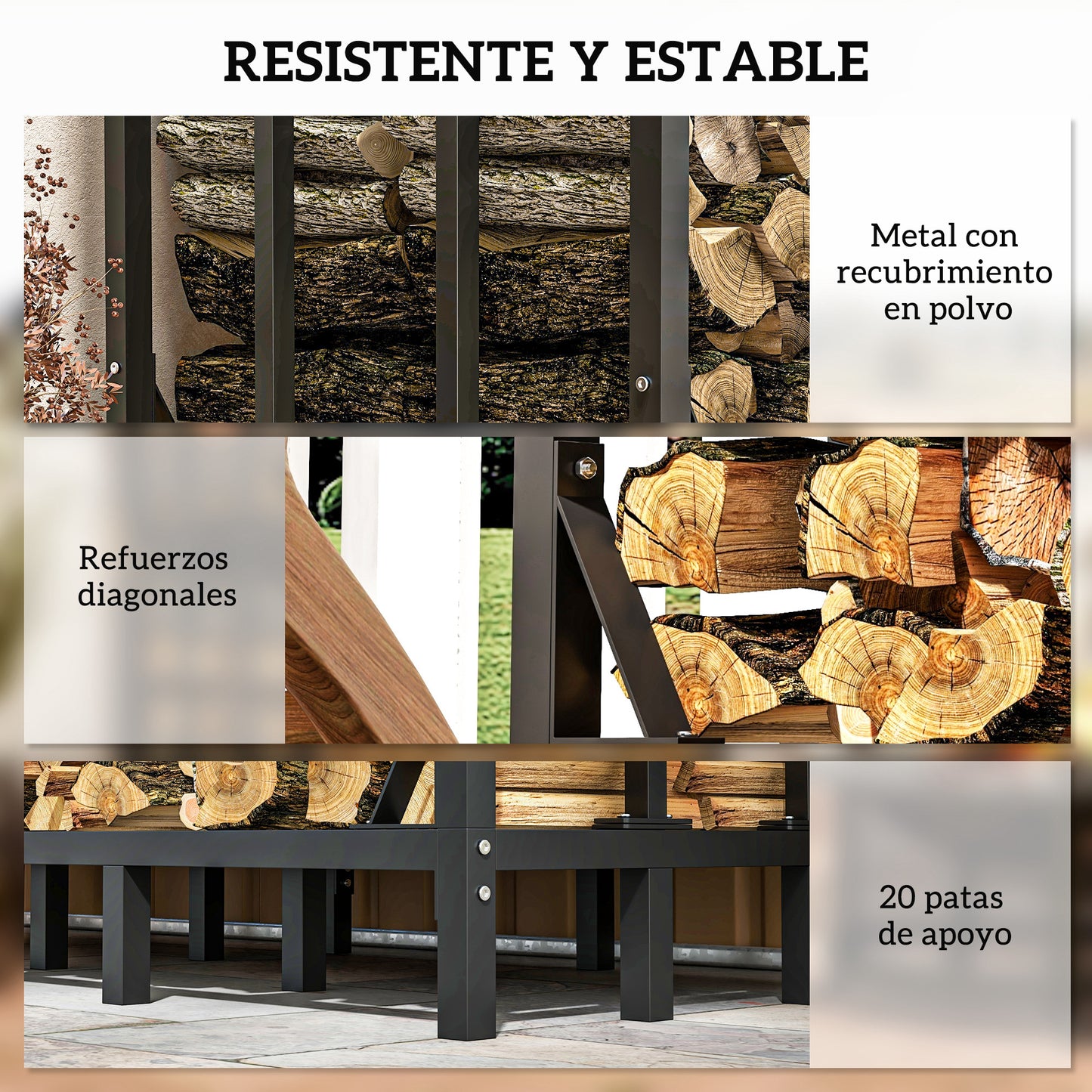 Outsunny Soporte para Leña con Cubierta Estante de Leña Leñero de Metal con Estructura Reforzada Carga 1200 kg para Interior y Exterior 143x70x145 cm Negro