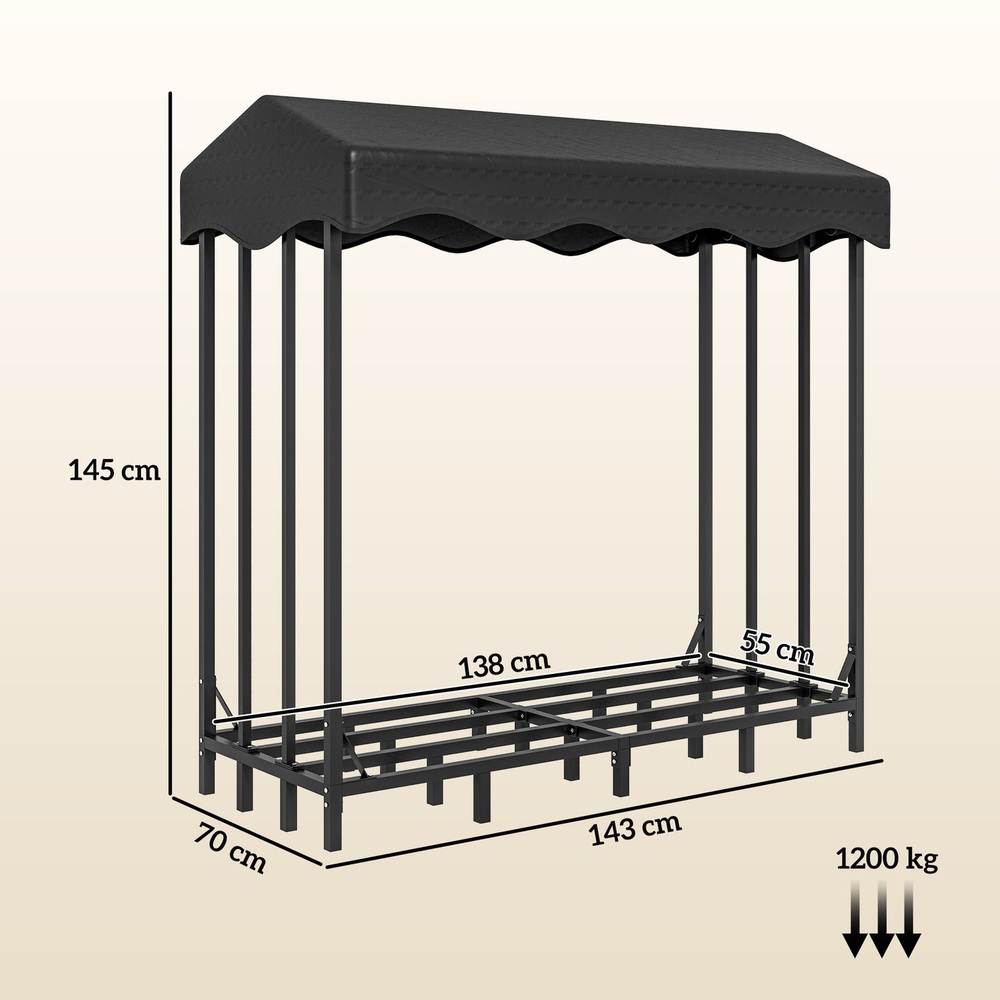 Outsunny Soporte para Leña con Cubierta Estante de Leña Leñero de Metal con Estructura Reforzada Carga 1200 kg para Interior y Exterior 143x70x145 cm Negro