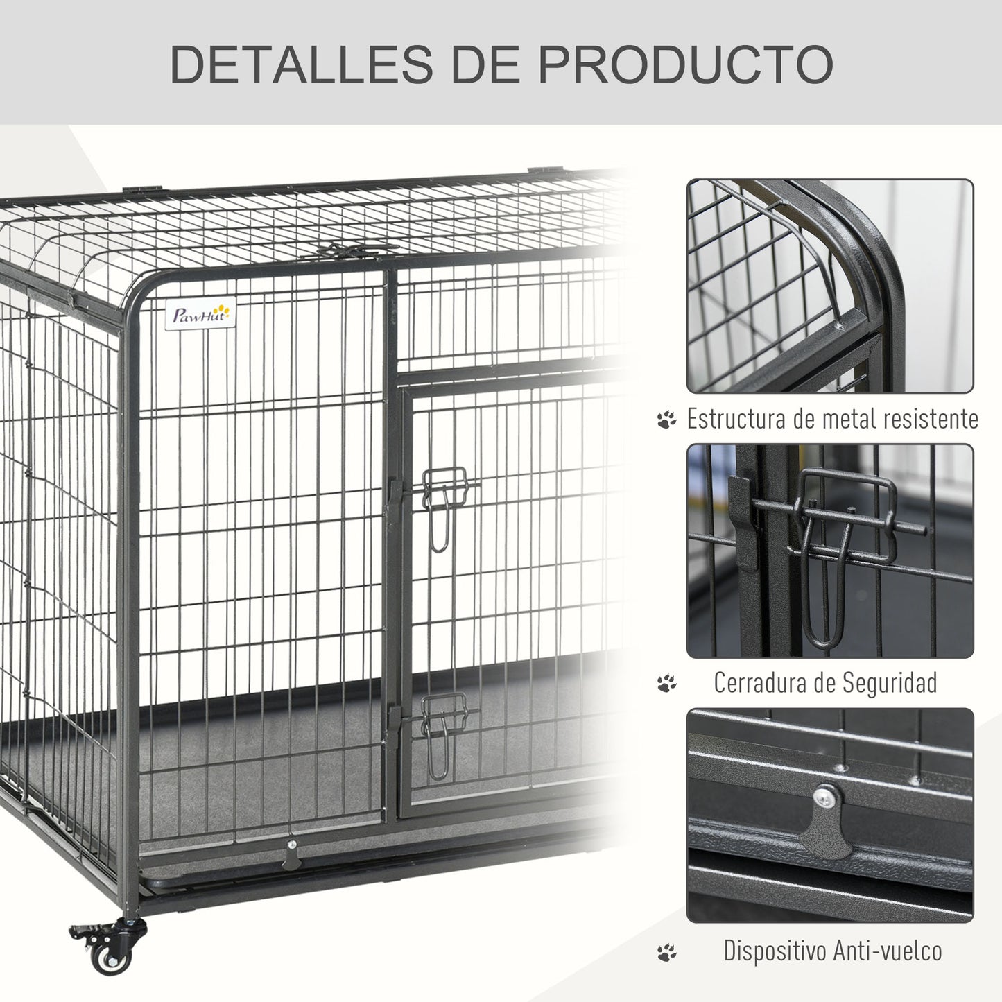 PawHut Jaula de Metal para Perros Plegable con Ruedas y Frenos Bandeja Extraíble y Puerta con Pestillos para Golden Retriver Labrador 125x76x81 cm Gris Oscuro