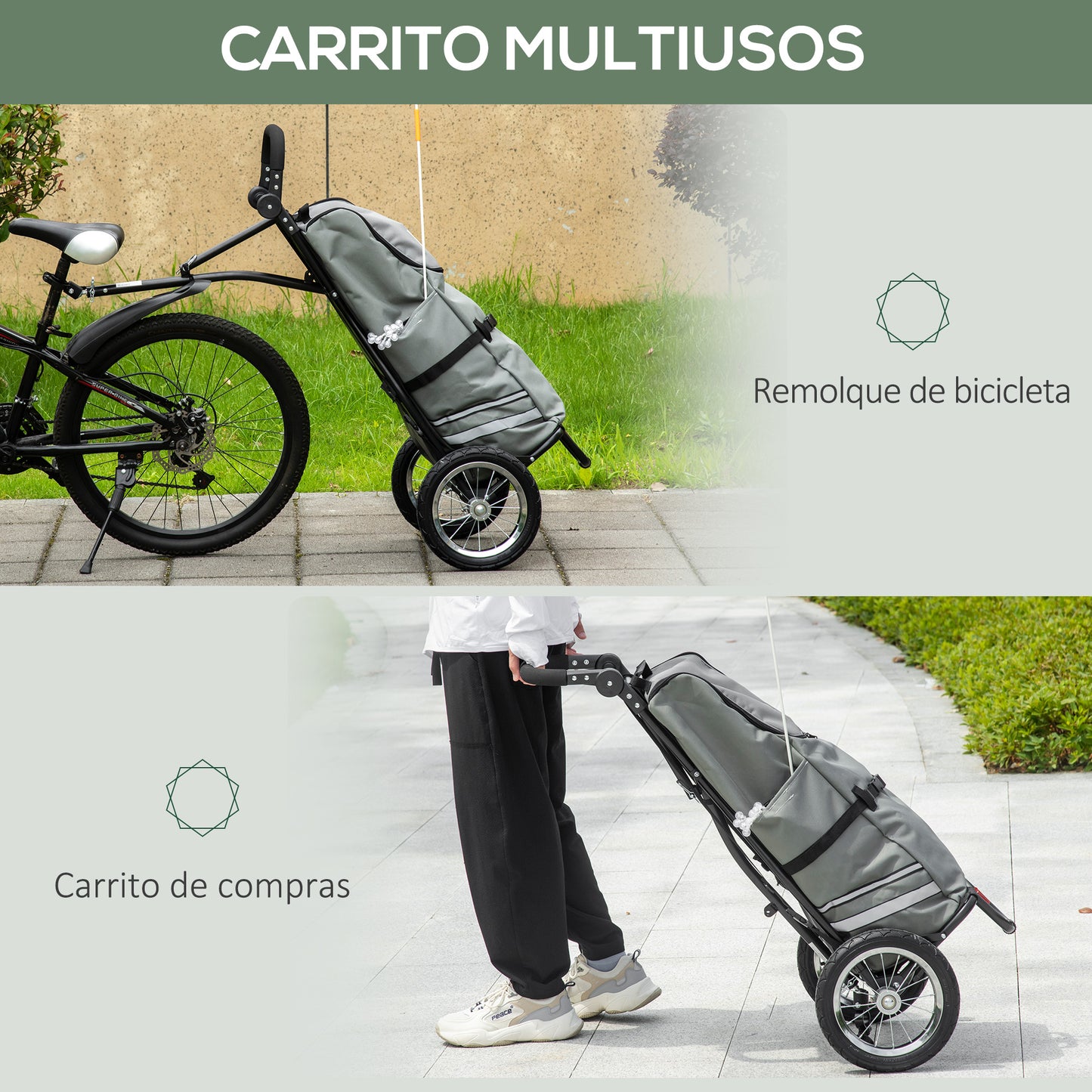 HOMCOM 2 en 1 Remolque de Bicicleta para Carga 22 kg Carro de la Compra Plegable con Bandera Mango de Empuje Desmontable 2 Bolsillos Laterales 2 Ruedas Marco de Acero y Reflectores 53x43x110 cm Gris