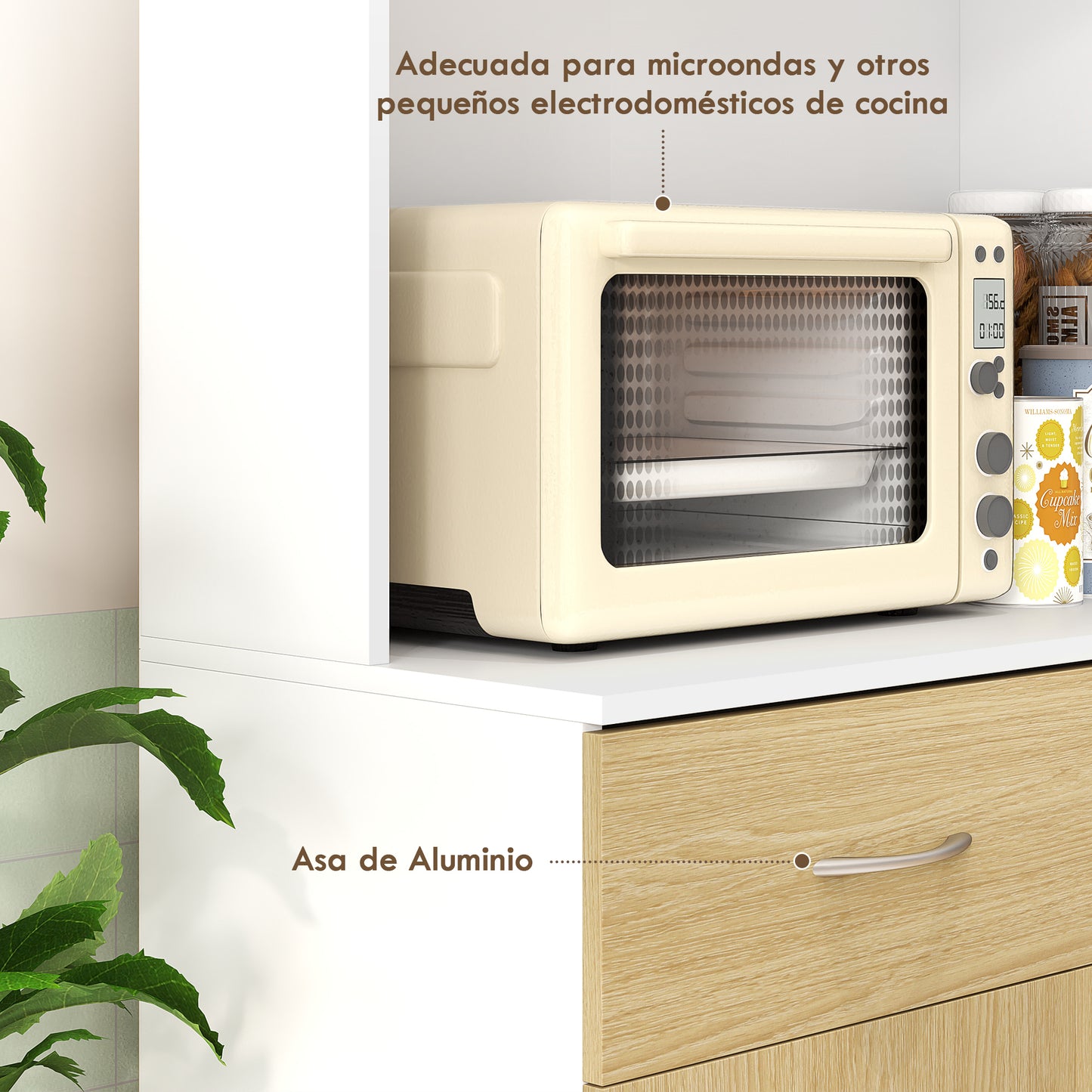 HOMCOM Alacena de Cocina Armario de Cocina Mueble Auxiliar de Cocina con Puertas Cajón y Estantes Ajustables Antivuelco para Comedor Salón 80x40x180 cm Natural y Blanco