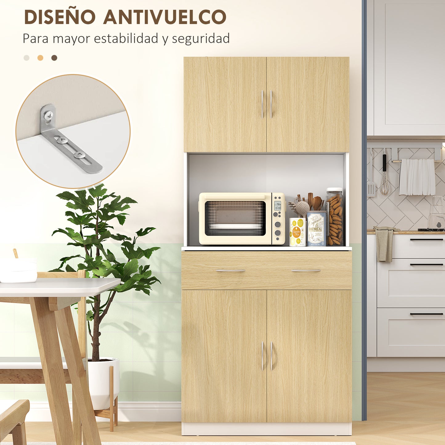 HOMCOM Alacena de Cocina Armario de Cocina Mueble Auxiliar de Cocina con Puertas Cajón y Estantes Ajustables Antivuelco para Comedor Salón 80x40x180 cm Natural y Blanco