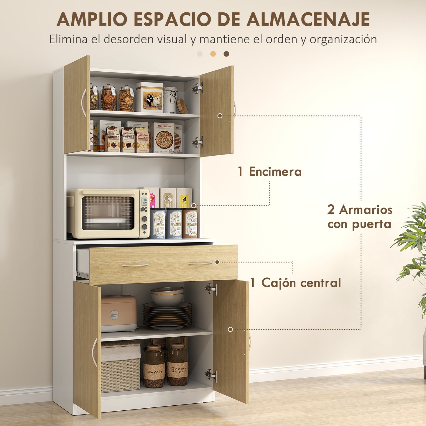 HOMCOM Alacena de Cocina Armario de Cocina Mueble Auxiliar de Cocina con Puertas Cajón y Estantes Ajustables Antivuelco para Comedor Salón 80x40x180 cm Natural y Blanco