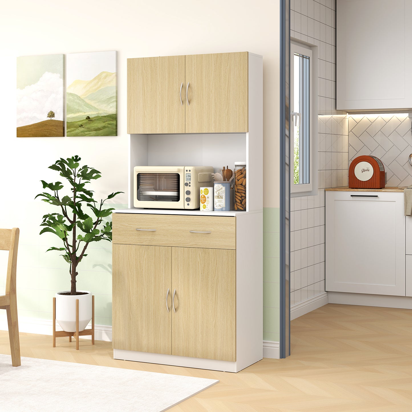 HOMCOM Alacena de Cocina Armario de Cocina Mueble Auxiliar de Cocina con Puertas Cajón y Estantes Ajustables Antivuelco para Comedor Salón 80x40x180 cm Natural y Blanco