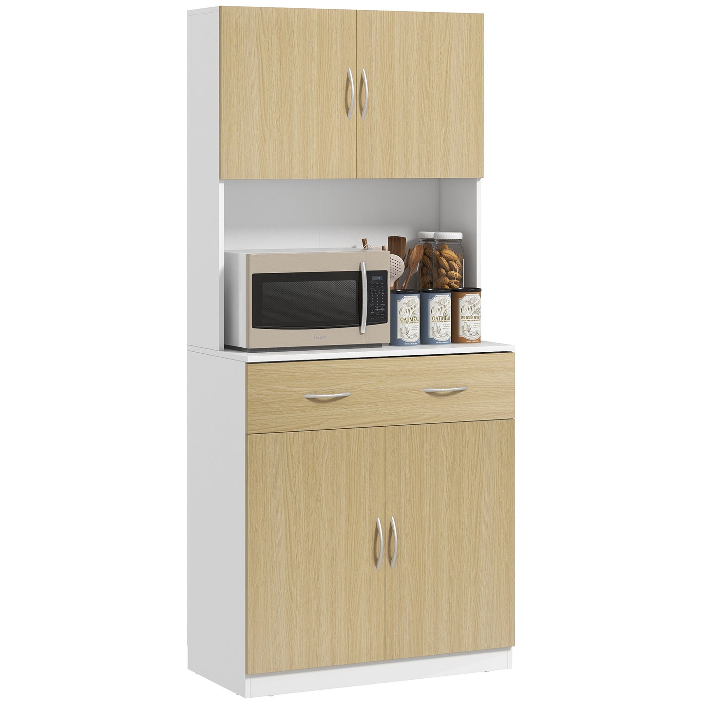 HOMCOM Alacena de Cocina Armario de Cocina Mueble Auxiliar de Cocina con Puertas Cajón y Estantes Ajustables Antivuelco para Comedor Salón 80x40x180 cm Natural y Blanco