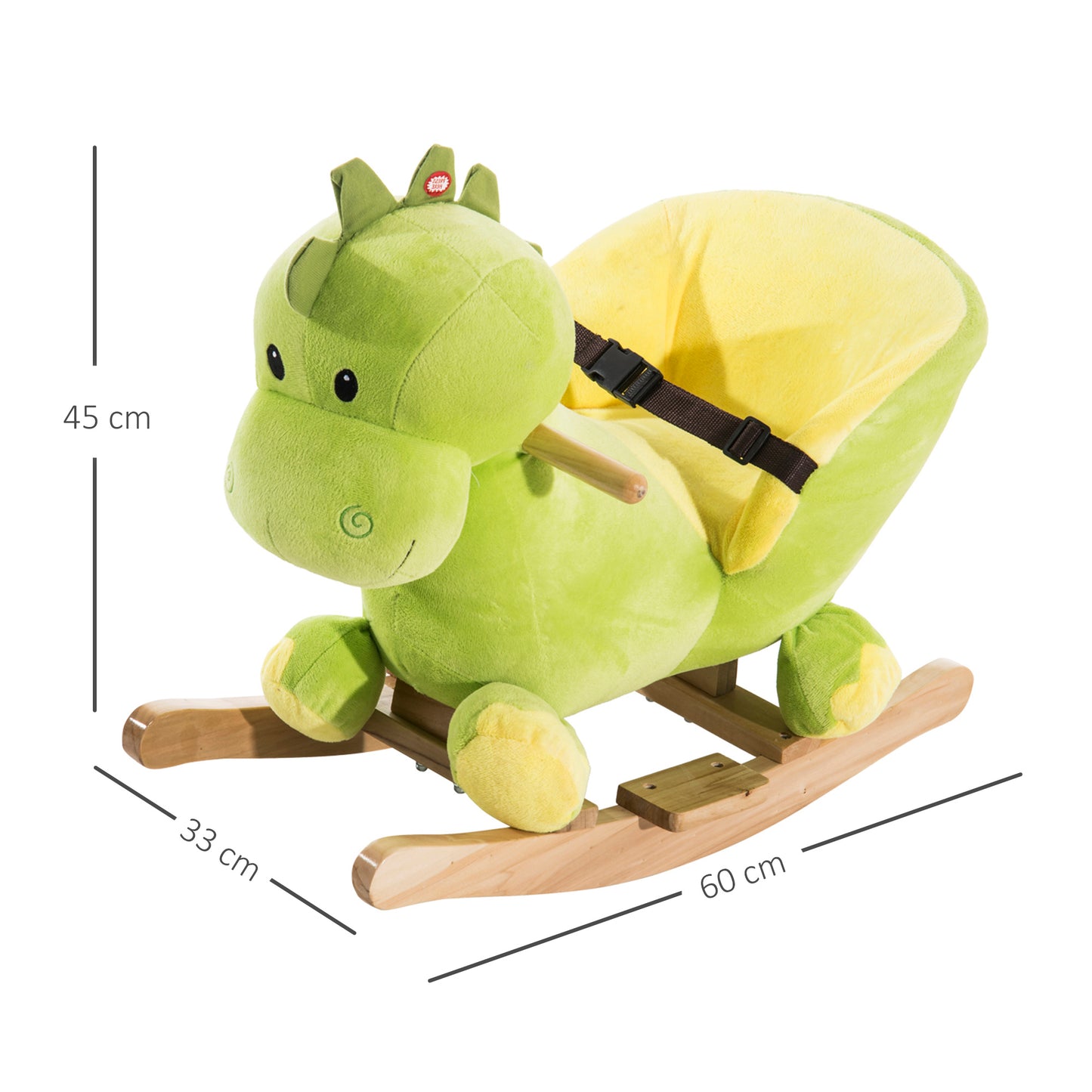 HOMCOM Balancín Infantil en Forma de Dinosaurio de Felpa para Bebés 18-36 Meses con Sonido Cinturón de Seguridad Manillar y Reposapiés 60x33x45 cm Verde