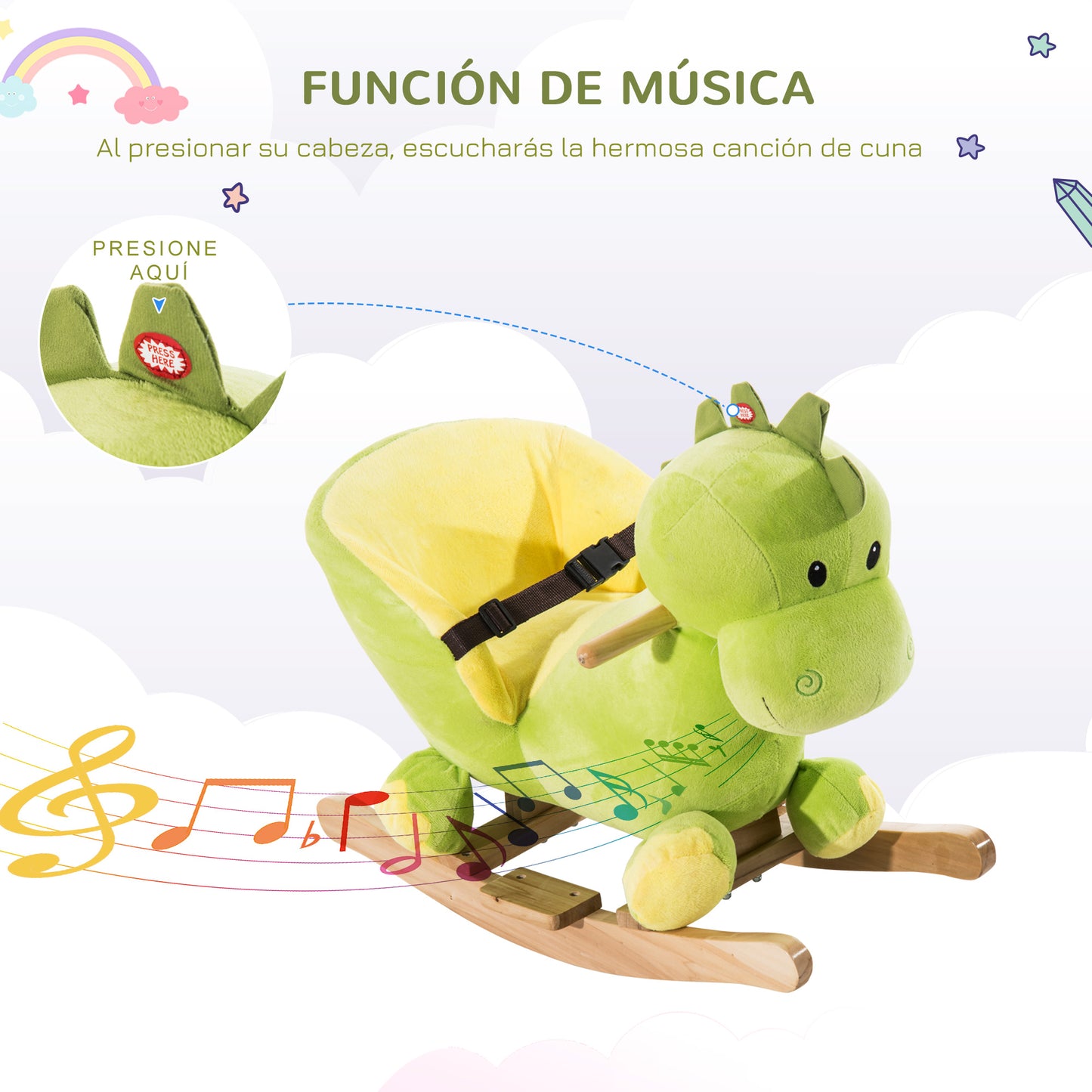 HOMCOM Balancín Infantil en Forma de Dinosaurio de Felpa para Bebés 18-36 Meses con Sonido Cinturón de Seguridad Manillar y Reposapiés 60x33x45 cm Verde