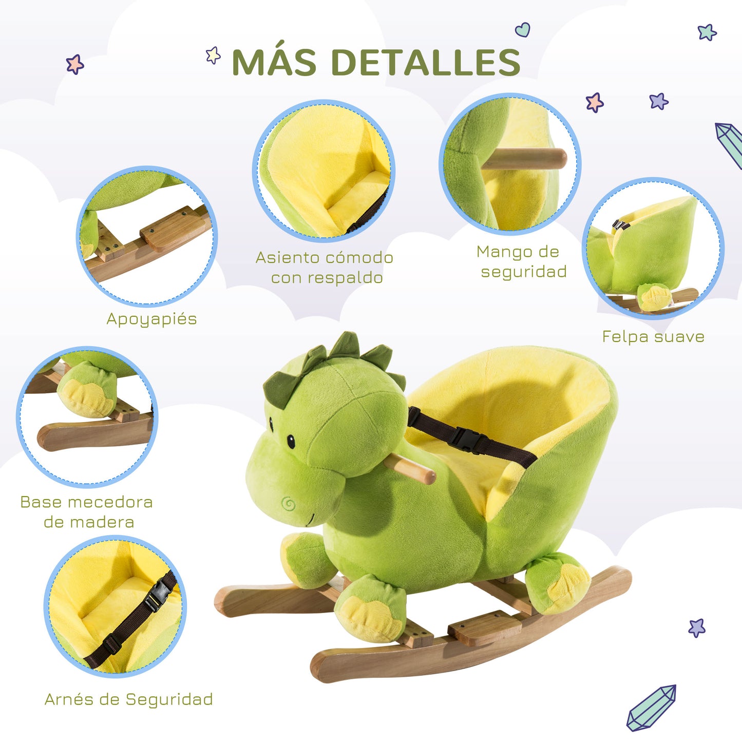 HOMCOM Balancín Infantil en Forma de Dinosaurio de Felpa para Bebés 18-36 Meses con Sonido Cinturón de Seguridad Manillar y Reposapiés 60x33x45 cm Verde