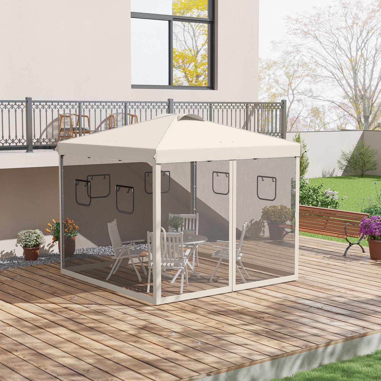 Outsunny Carpa Plegable 3x3 m Cenador de Jardín con Pared Lateral de Malla 6 Ventanas Altura Ajustable en 3 Niveles Protección Rayos UV30+ e Impermeable Gazebo para Exterior Camping Fiestas Beige