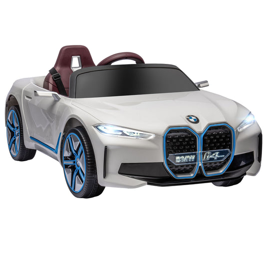 HOMCOM Coche Eléctrico para Niños 37-72 Meses Autorización BMW I4 Coche de Batería 12V con Control Remoto Música MP3 Pantalla Luces y Cinturón de Seguridad 115x67x45 cm Blanco