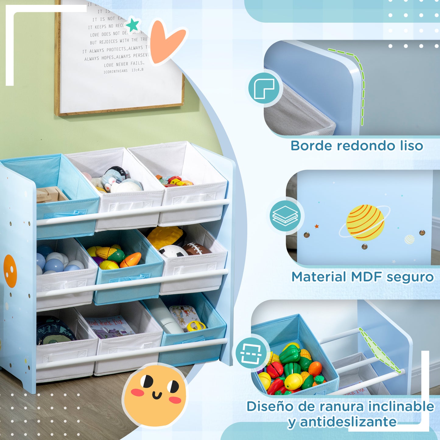 ZONEKIZ Estantería Infantil con 9 Cajas de Tela no Tejida Extraíbles Organizador de Juguetes para Dormitorio Guardería 63x30x60 cm Azul