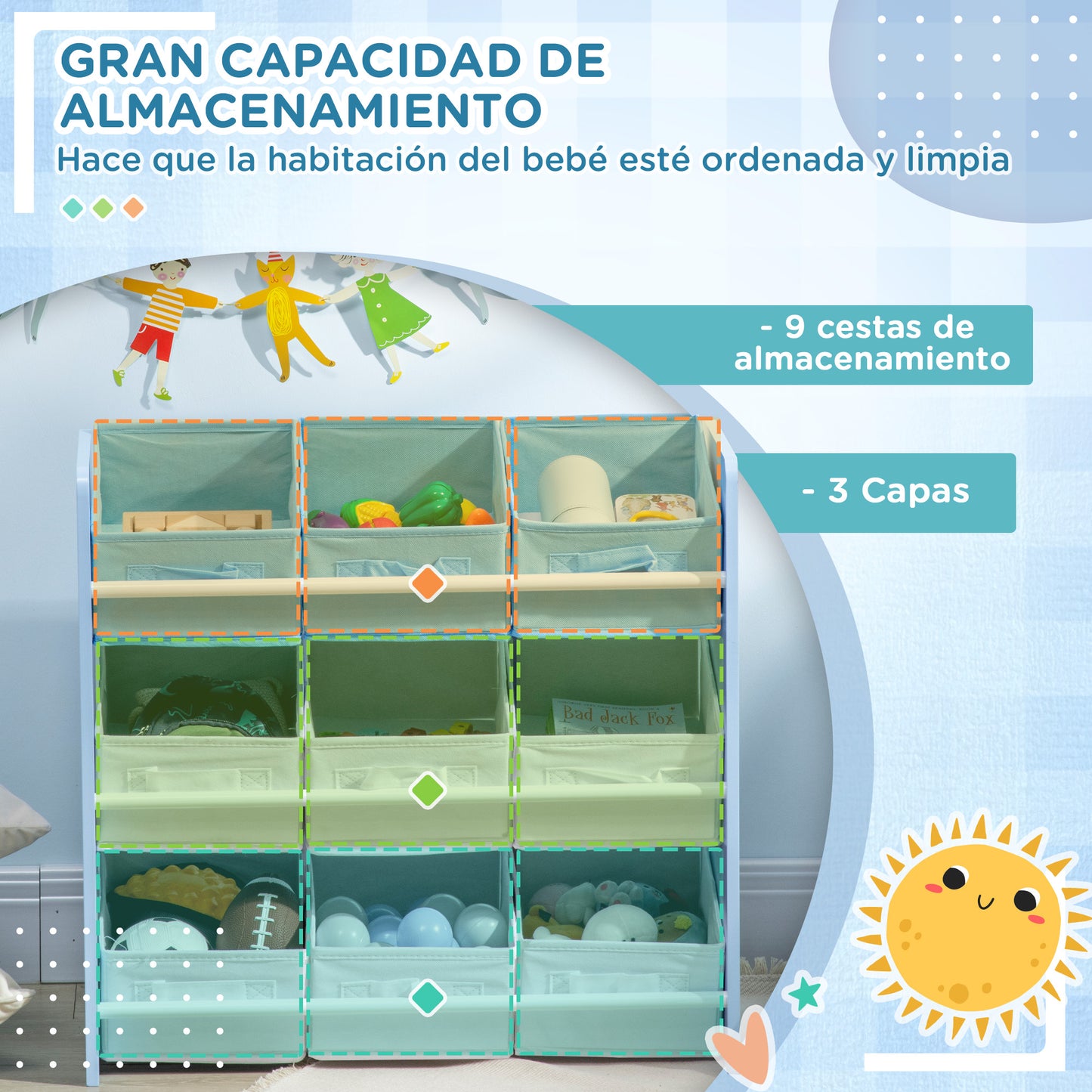 ZONEKIZ Estantería Infantil con 9 Cajas de Tela no Tejida Extraíbles Organizador de Juguetes para Dormitorio Guardería 63x30x60 cm Azul