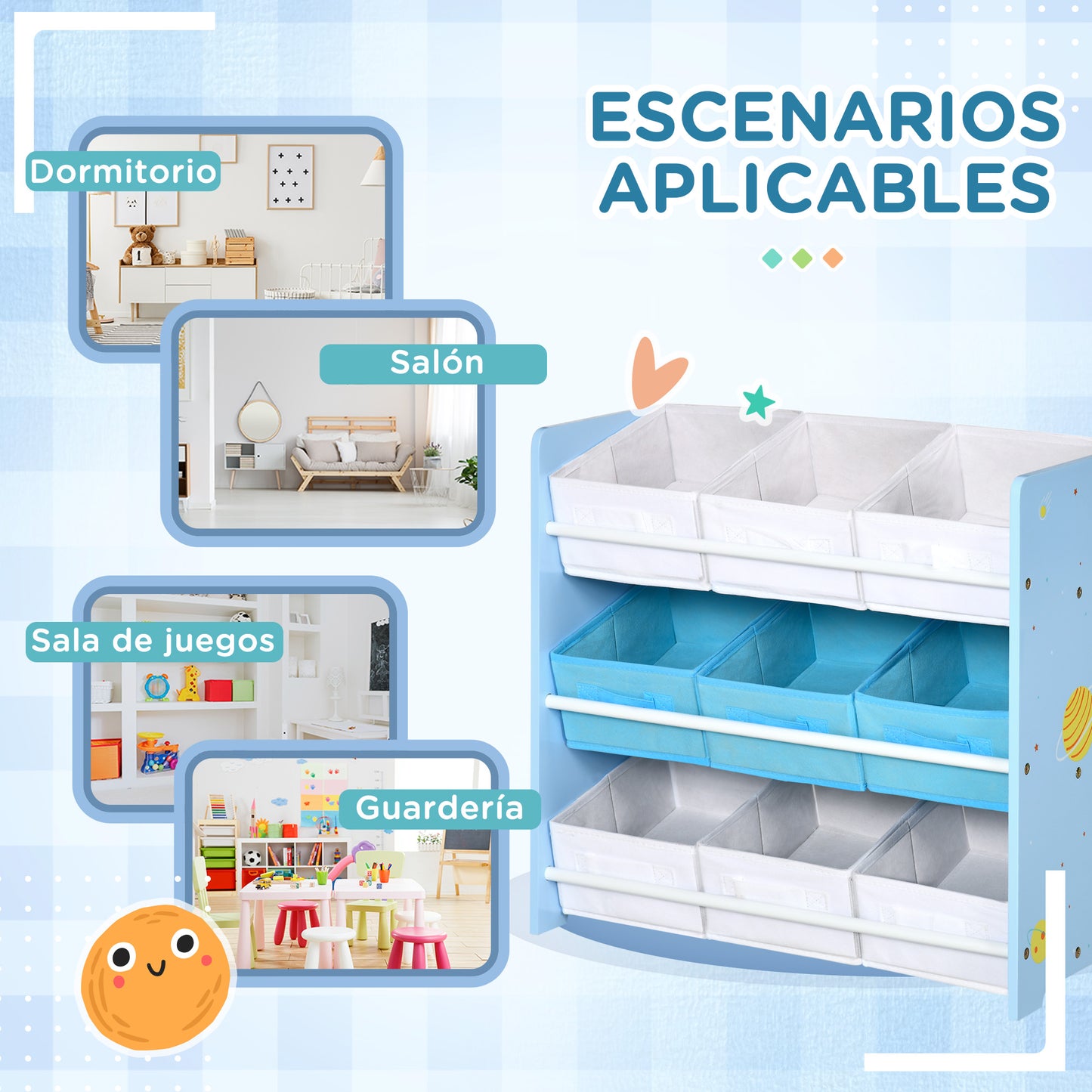 ZONEKIZ Estantería Infantil con 9 Cajas de Tela no Tejida Extraíbles Organizador de Juguetes para Dormitorio Guardería 63x30x60 cm Azul