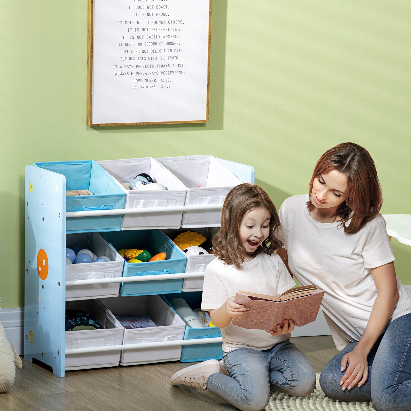 ZONEKIZ Estantería Infantil con 9 Cajas de Tela no Tejida Extraíbles Organizador de Juguetes para Dormitorio Guardería 63x30x60 cm Azul