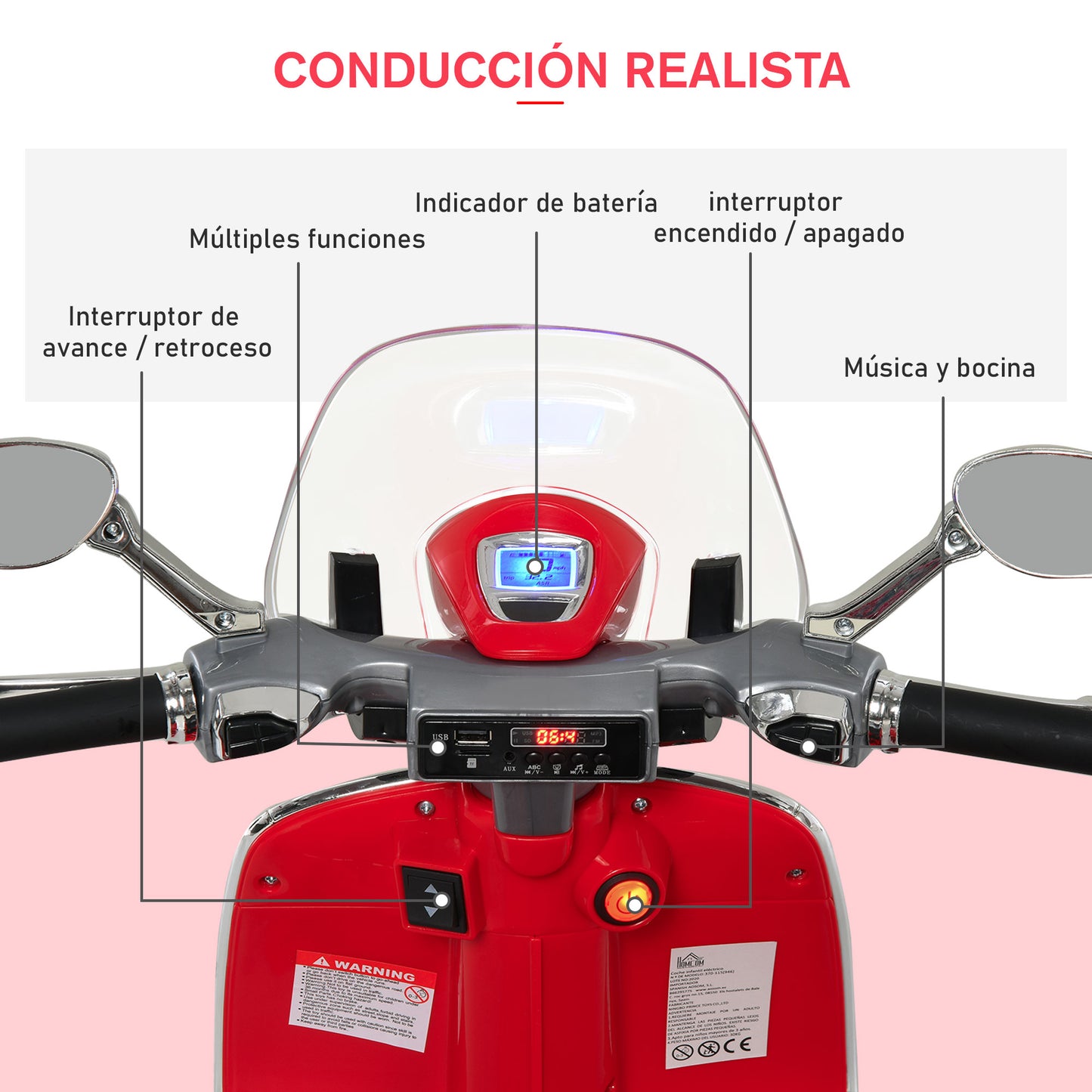 HOMCOM Moto Eléctrica para Niños de 3-6 Años Moto de Batería Autorizada de VESPA con Faros Música 2 Ruedas Auxiliares 108x49x75 cm Rojo